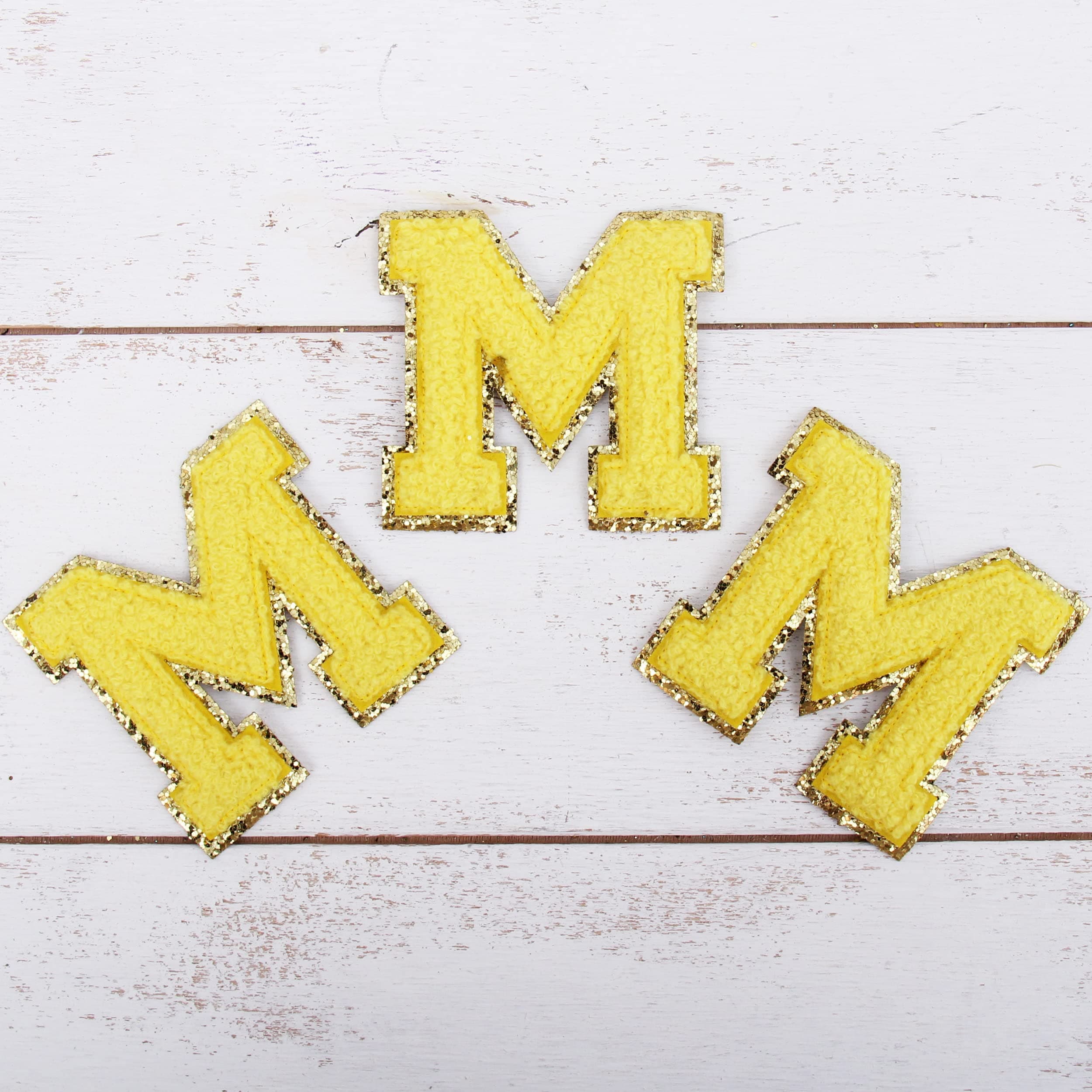 3 Pack Chenille Iron On Glitter Varsity Letter 5cm Tall "M" Patches - Yellow Chenille Fabric with Gold Glitter Trim - Sew or Iron on - 5CM YEL M