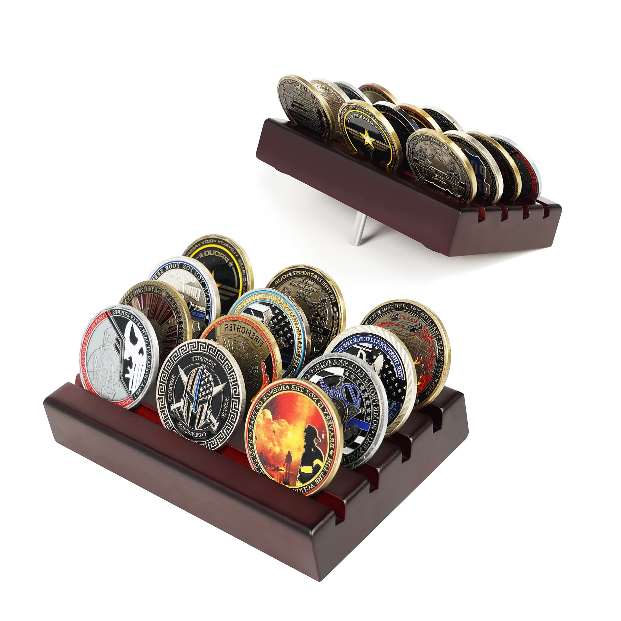 Challenge Coin Holder Display Case 4 Row Solid Wood Military Coin Rack Small Army Coin Stand Holds 12 Coins, Mahogany Finish.