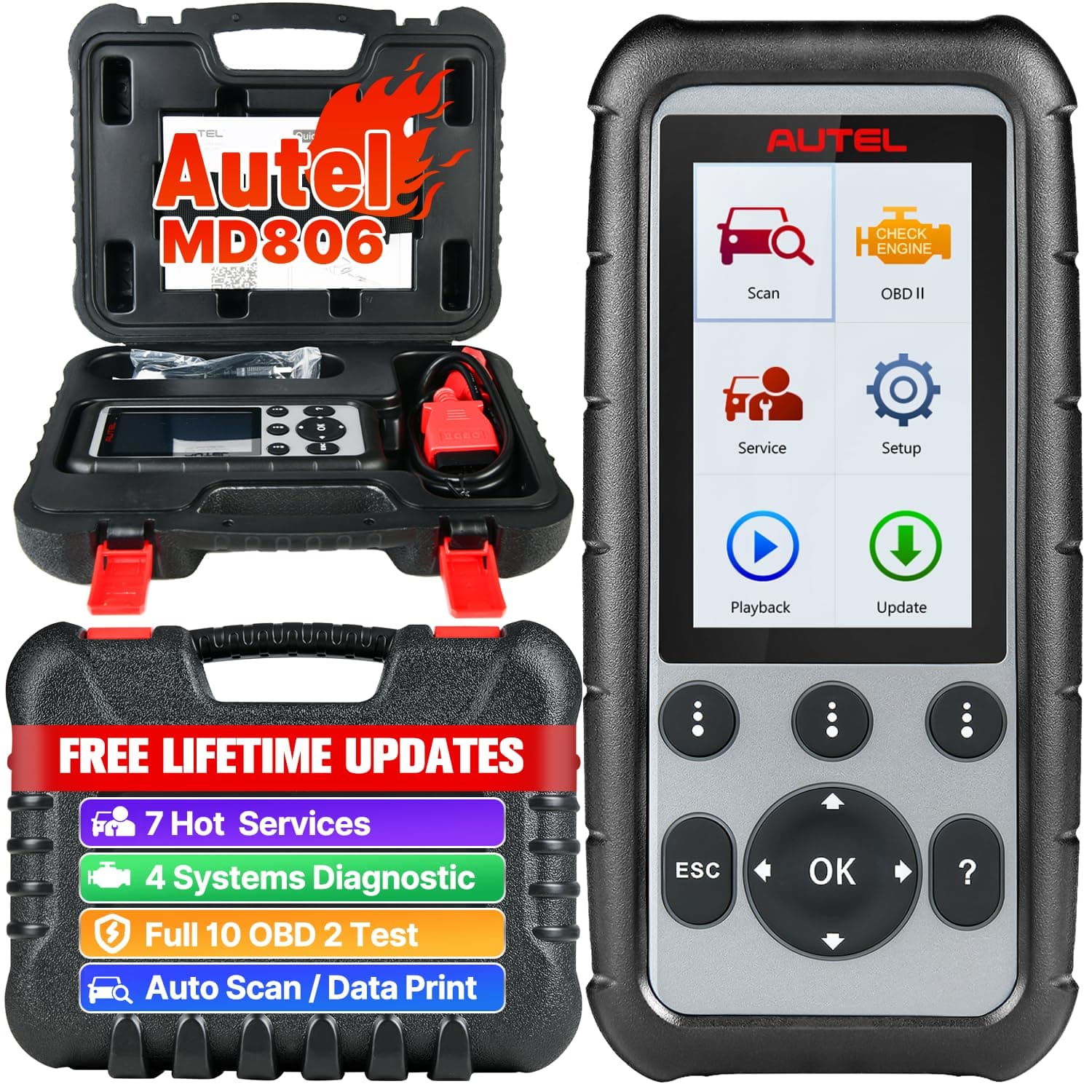 MaxiDiag MD806 OBD2 Scanner, ABS SRS Engine Transmission 4 Systems Diagnostic Scan Tool, 7 Hot Service as MD808 Pro, Oil Reset D-P.F, EPB SAS BMS Throttle A/F, Up of MD805 MD802, Free Update