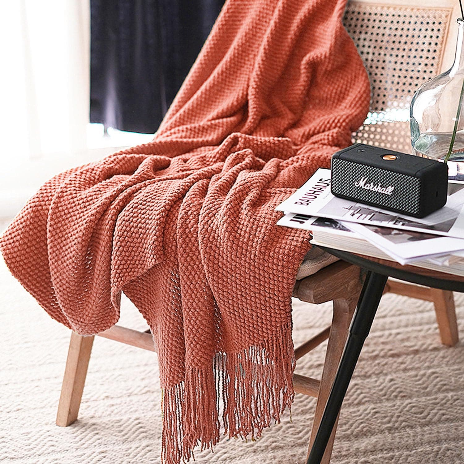 Knitted Throw Blanket with Tassels Bubble Textured Lightweight Throws for Couch Cover Home Decor (Coral, 50x60)