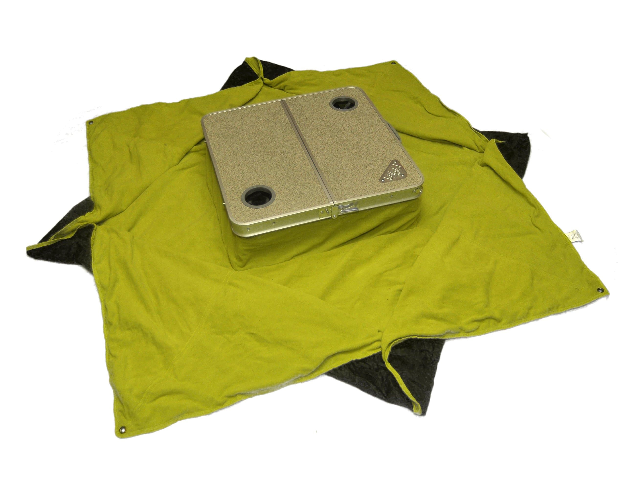 Picnic Table with Gray Tabletop and Lime Green Blanket