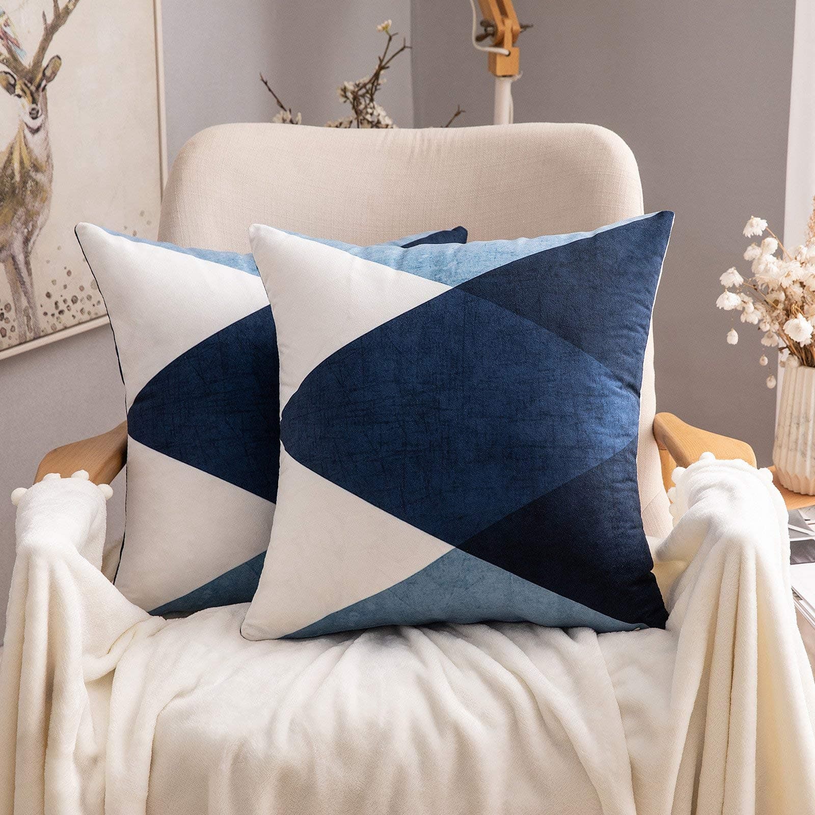 MIULEE Geometric Suedette Cushion Covers Decorative Square Throw Pillow Case Pillowcases for Couch Livingroom Sofa Bed with Invisible Zipper 45cm x 45cm,18x18 Inches,2 Pieces Blue