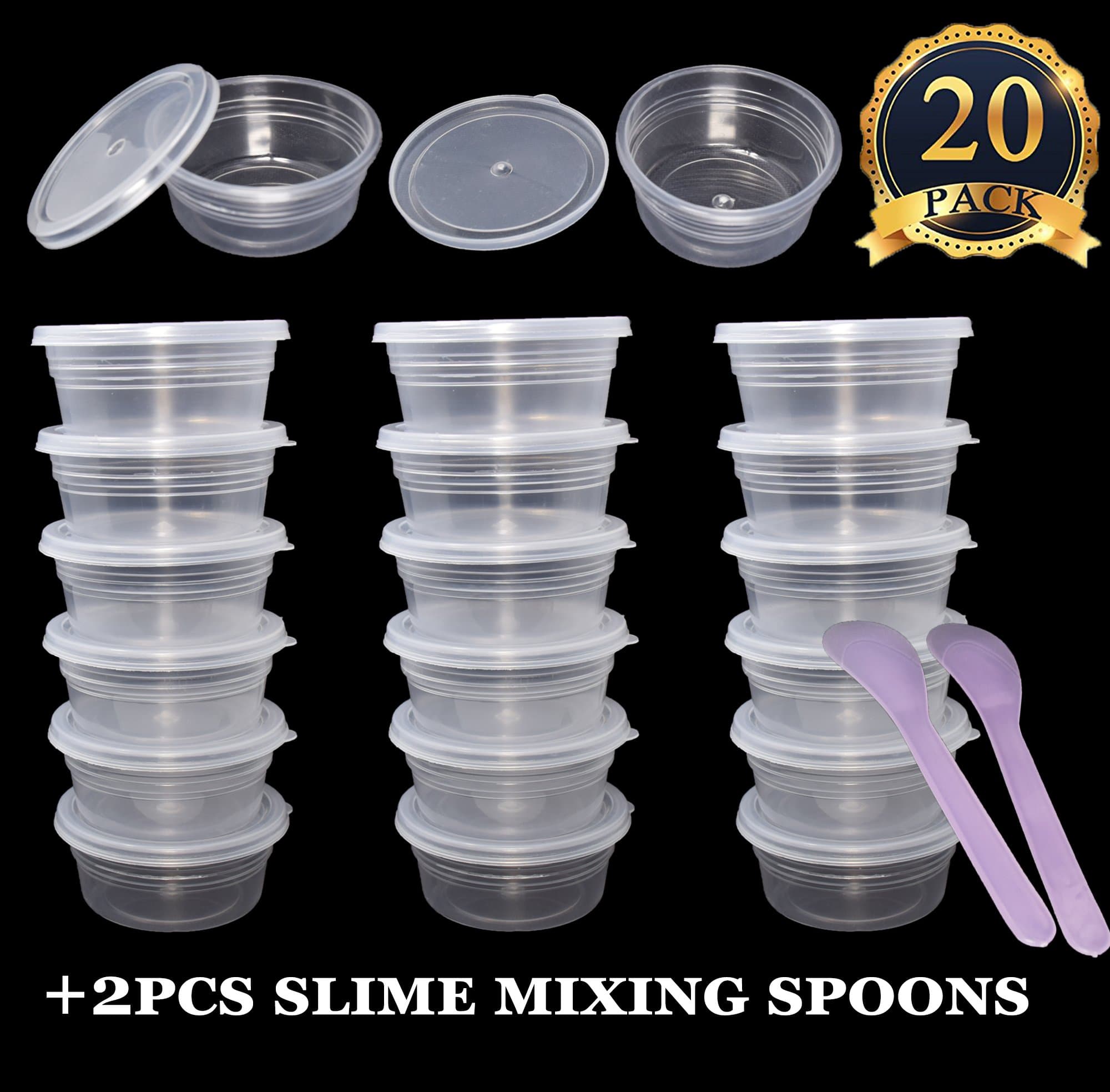 Slime Storage Containers 20 Pack Foam Beads Containers & 2 Pcs Slime Mixing Spoons for Slime Beads, Leakproof Clear Plastic Storage with Lids for 20g Slime