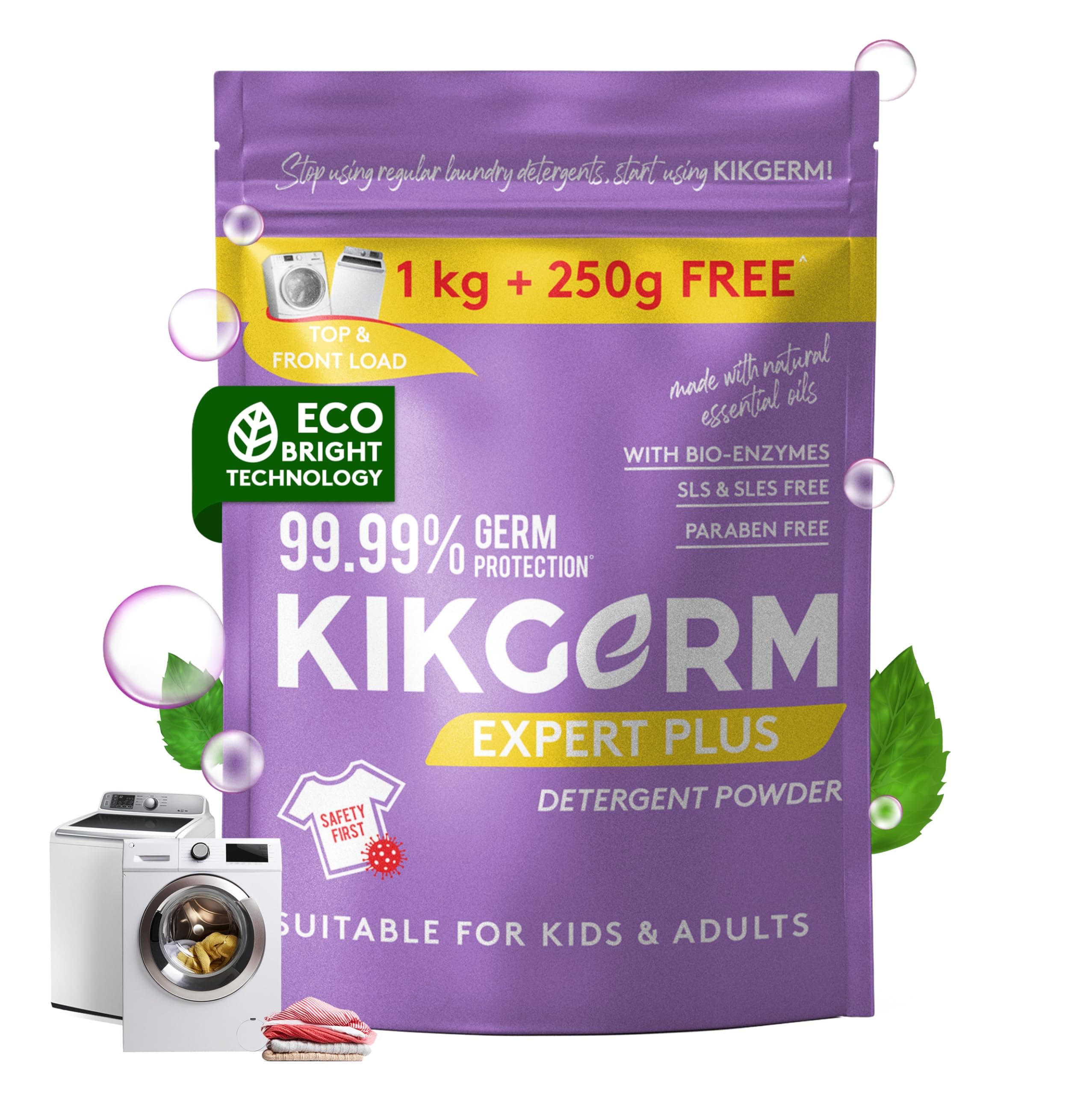 KIKGERM Plant Based Laundry Detergent Powder With Fabric Conditioner (1.25 Kg) 1 Kg + 250gm - Natural, Eco-friendly, Non-toxic, Biodegradable - Kids Safe, Skin Safe, Pet Safe - Tough Stain Remover