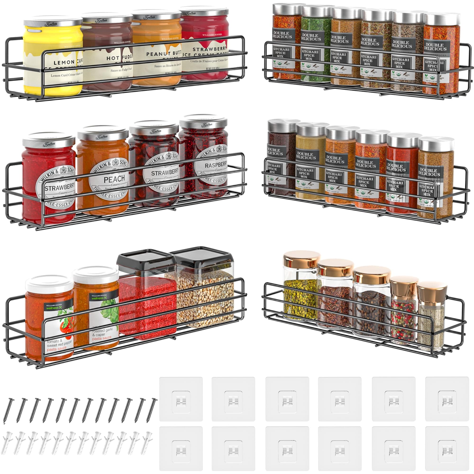 Spice Rack Organizer Wall Mount (6Pack), Adhesive Hanging Inside Cupboard Seasoning Organizer, Spice Pantry Organization Storage Shelf, Kitchen Essentials Home Organization