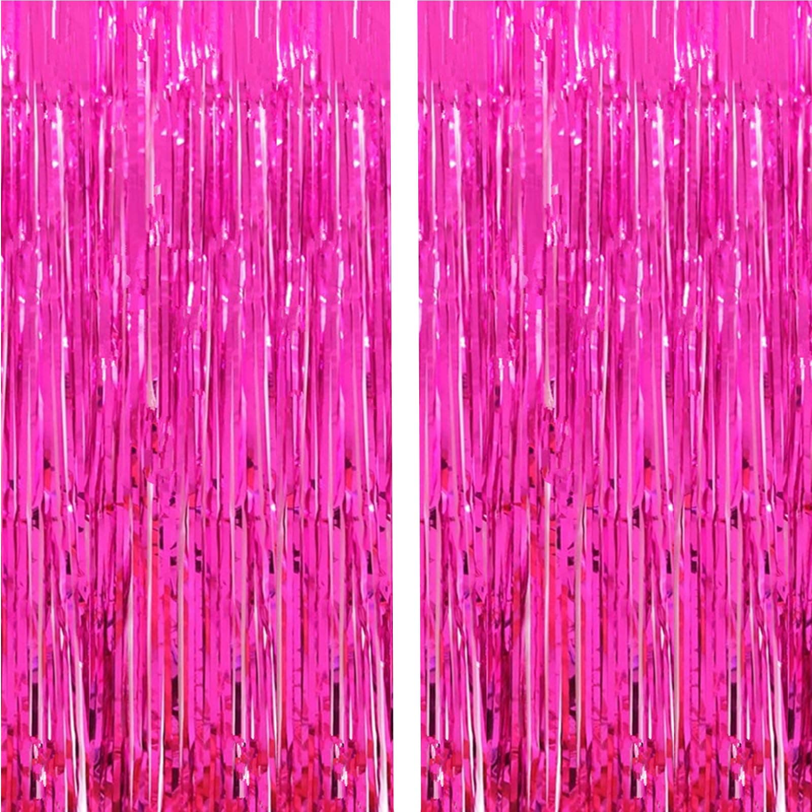 i-CHONY 2 Pcs 3.2ft x 8.2ft Shiny Hot Pink Metallic Tinsel Foil Fringe Curtains Photo Booth Backdrop for Birthday Wedding Holiday Celebration Bachelorette Party Decorations (Hot Pink)