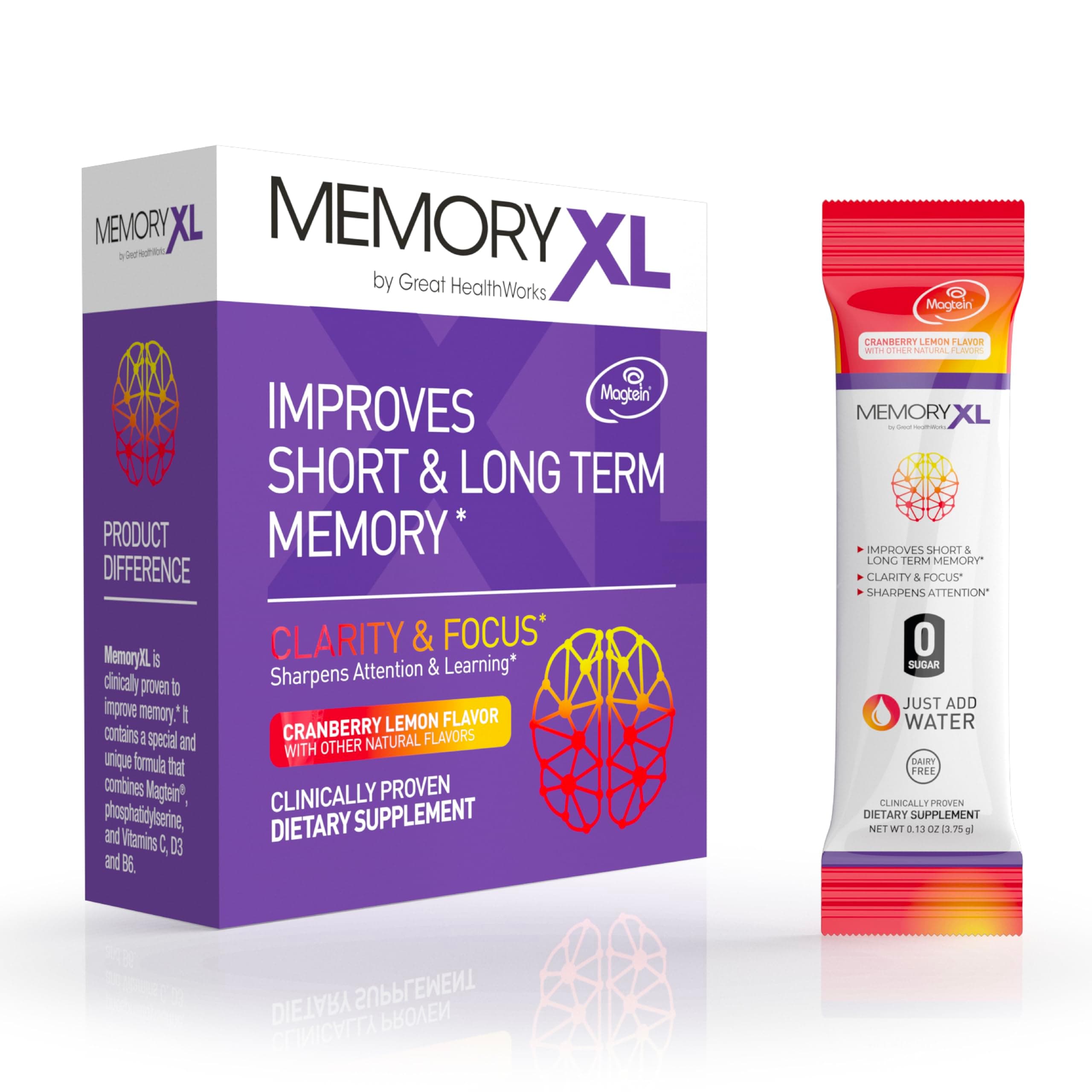 MemoryXL, Magnesium L-Threonate: Brain Supplement for Memory & Focus; Magtein®, Phosphatidylserine, Vitamin Mix. Improves Memory Focus Attention Learning & Logic. 0 Sugar, 0 cal, 30pk Cranberry Lemon