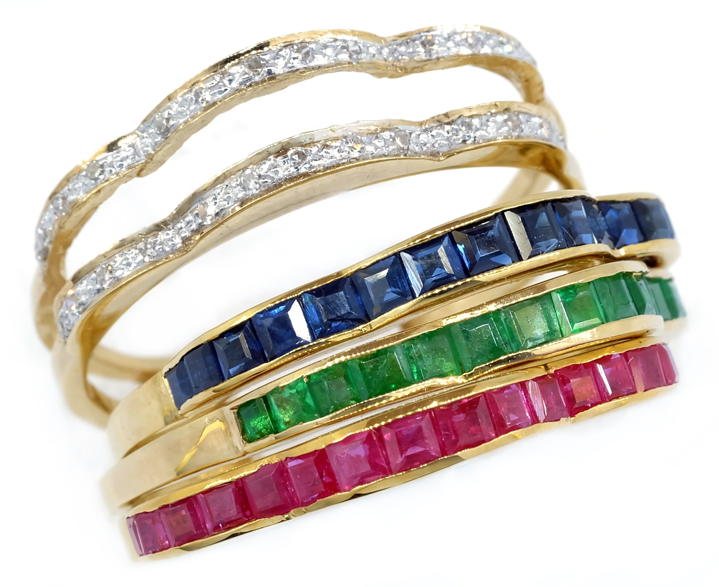 18K Yellow Gold Emerald Sapphire Ruby and Diamond Stackable Ring [RT0004]