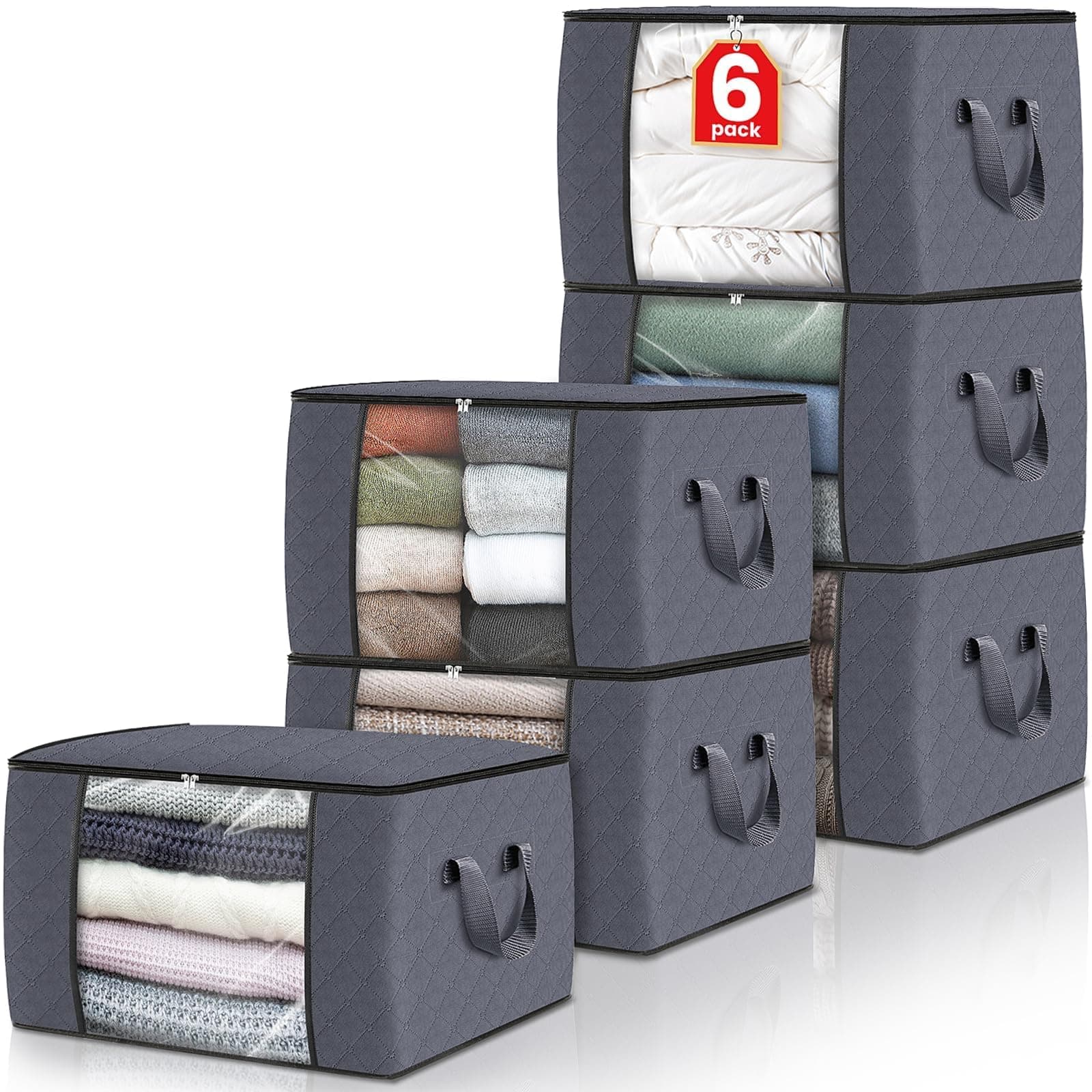 Fab totes 6-Pack Clothes Storage, Foldable Blanket Storage Bags, Storage Containers for Organizing Bedroom, Closet, Clothing, Comforter, Sweater, Organization and Storage with Lids and Handle, Grey