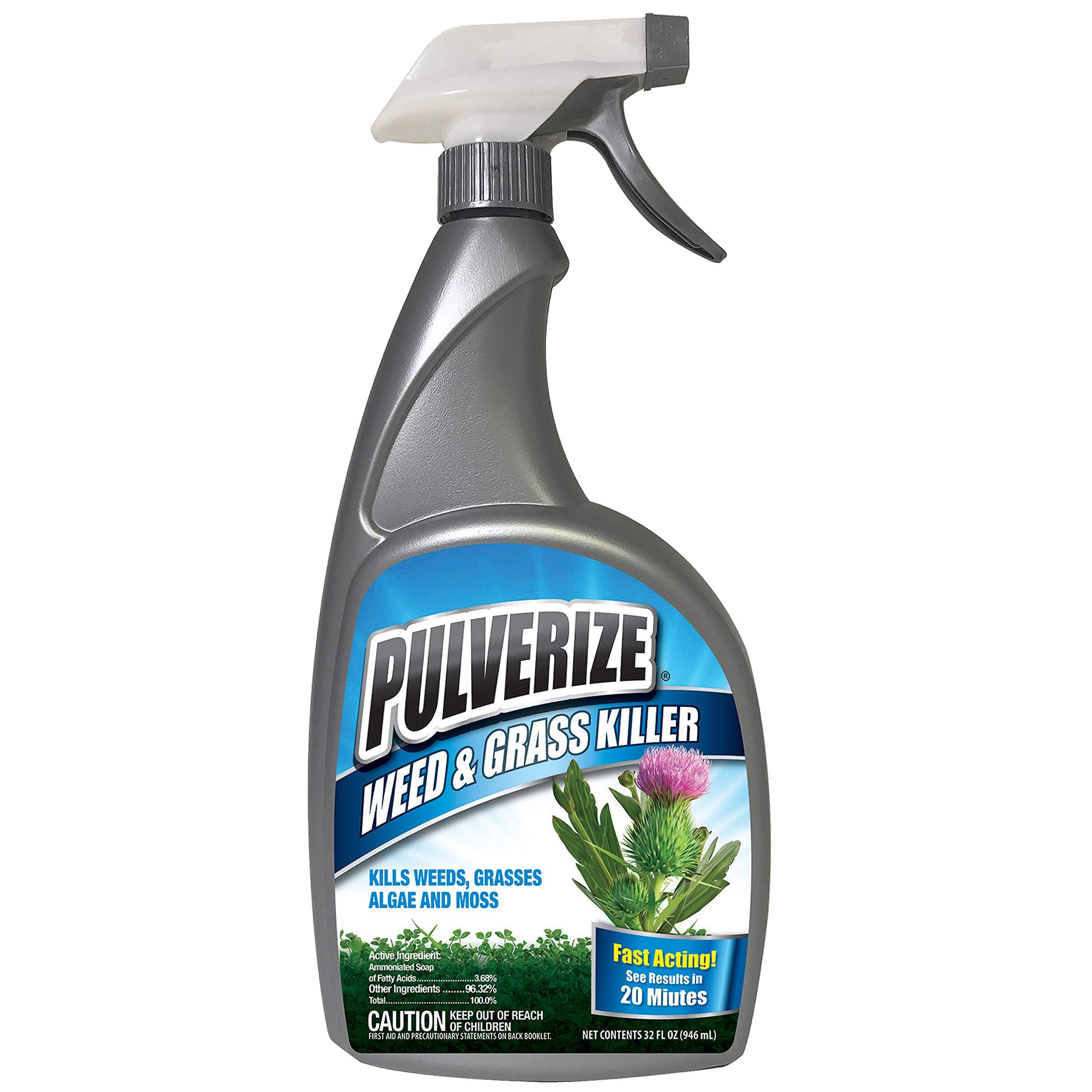 Pulverize Weed and Grass Killer Spray - Fast-Acting, Non-Selective Herbicide for Lawns, Gardens & Driveways - No Glyphosate & Non-Staining Formula - Kid & Pet Safe - 32oz Trigger Bottle