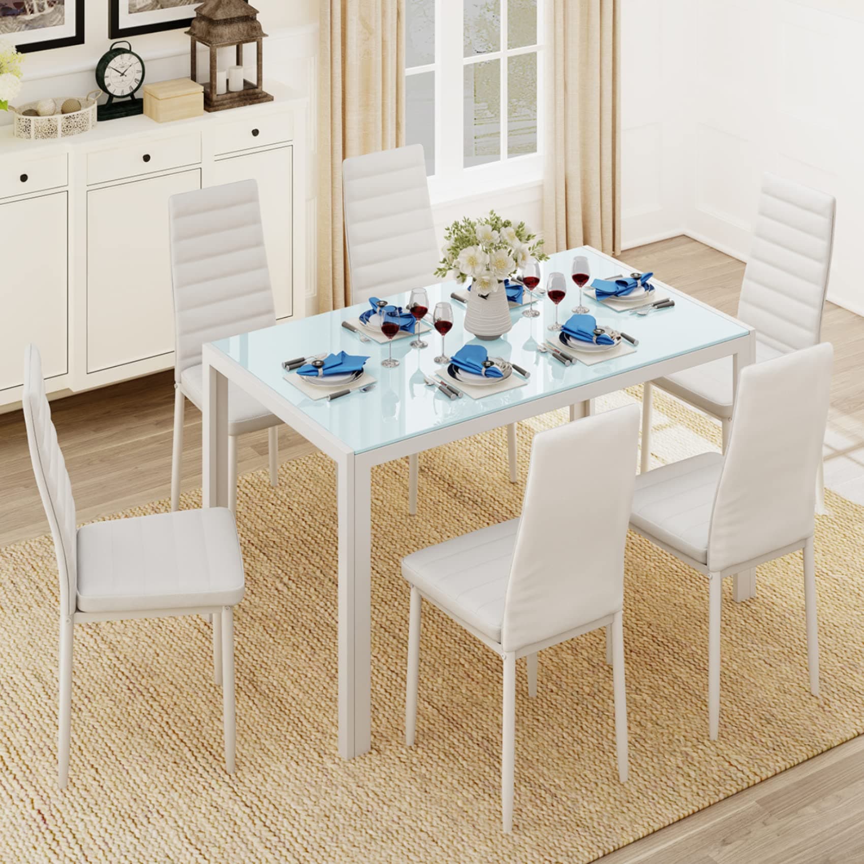 Gizoon Glass Dining Table Sets for 6, 7 Piece Kitchen Table and Chairs Set for 6 Person, PU Leather Modern Dining Room Sets for Home, Kitchen, Living Room (White)