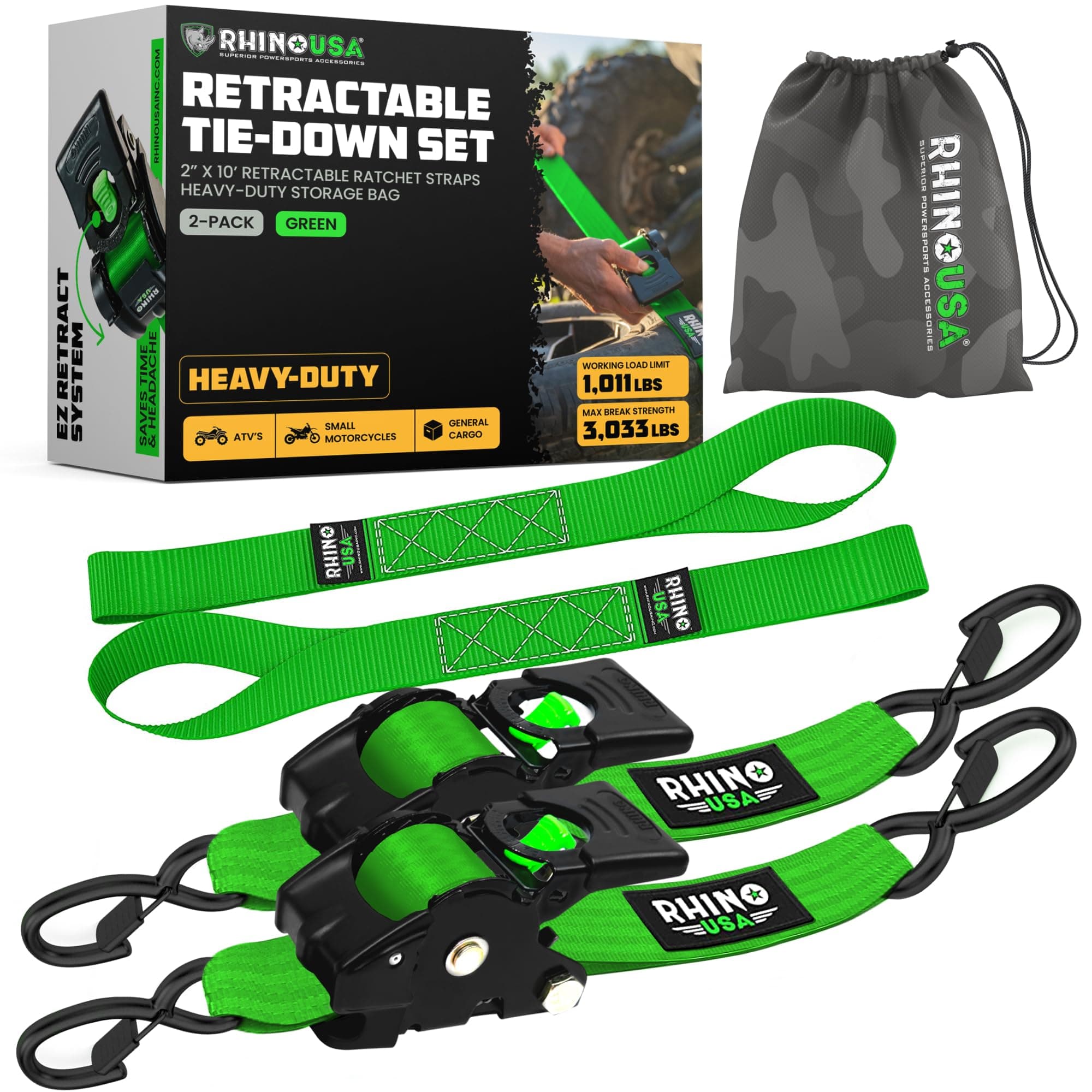 Rhino USA Retractable Ratchet Tie Down Straps (2-Pack) - 1360kg Guarantee Maximum Breaking Strength Includes (2) Ultimate 5cm x 3m Automatic Retractable Straps with Padded Handles - Green