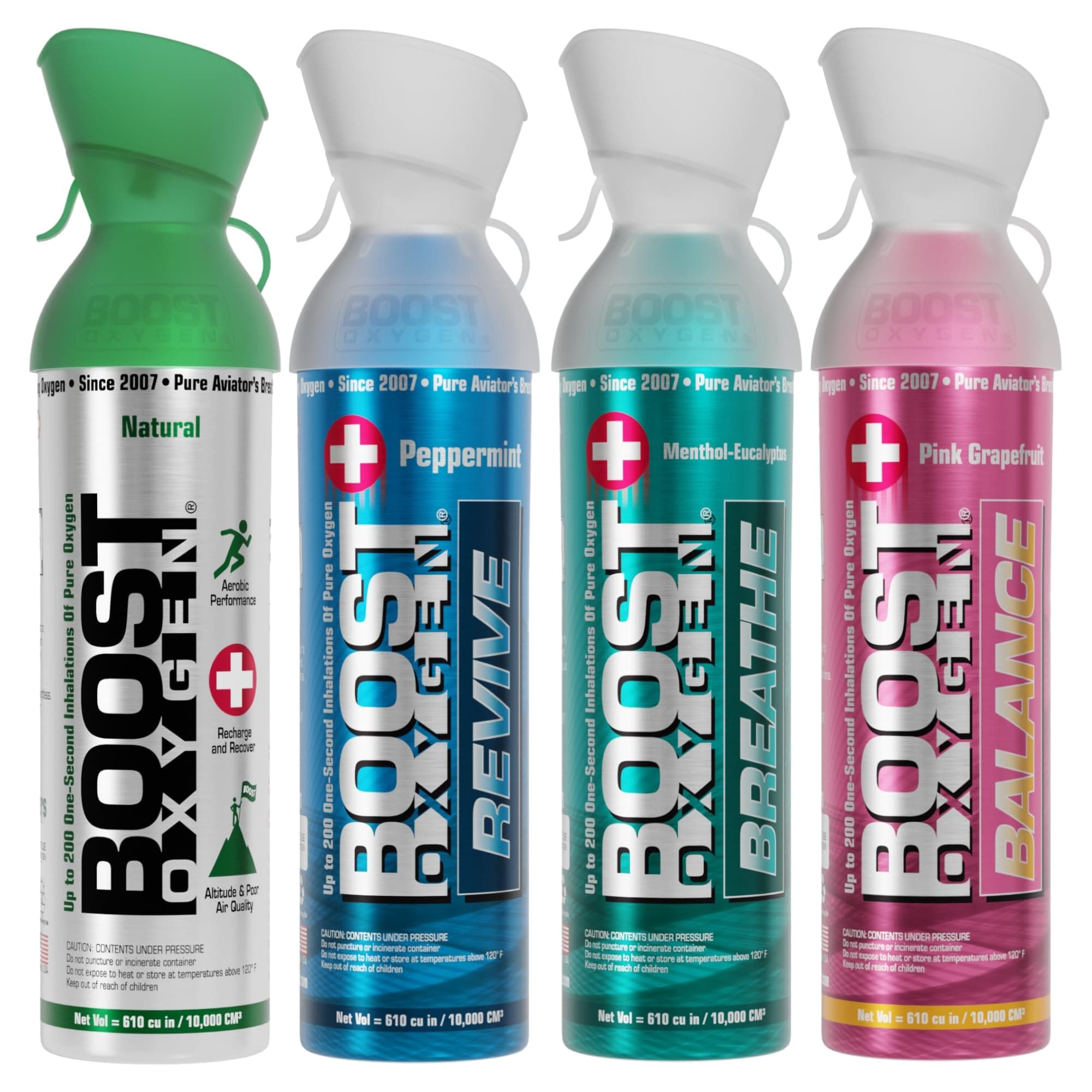 Boost Oxygen Canned Oxygen for Breathing for Home Use, Exercise, or Altitude Sickness, with Sealed Cap & Mask, 10L Canister, Multicolor, Pack of 4