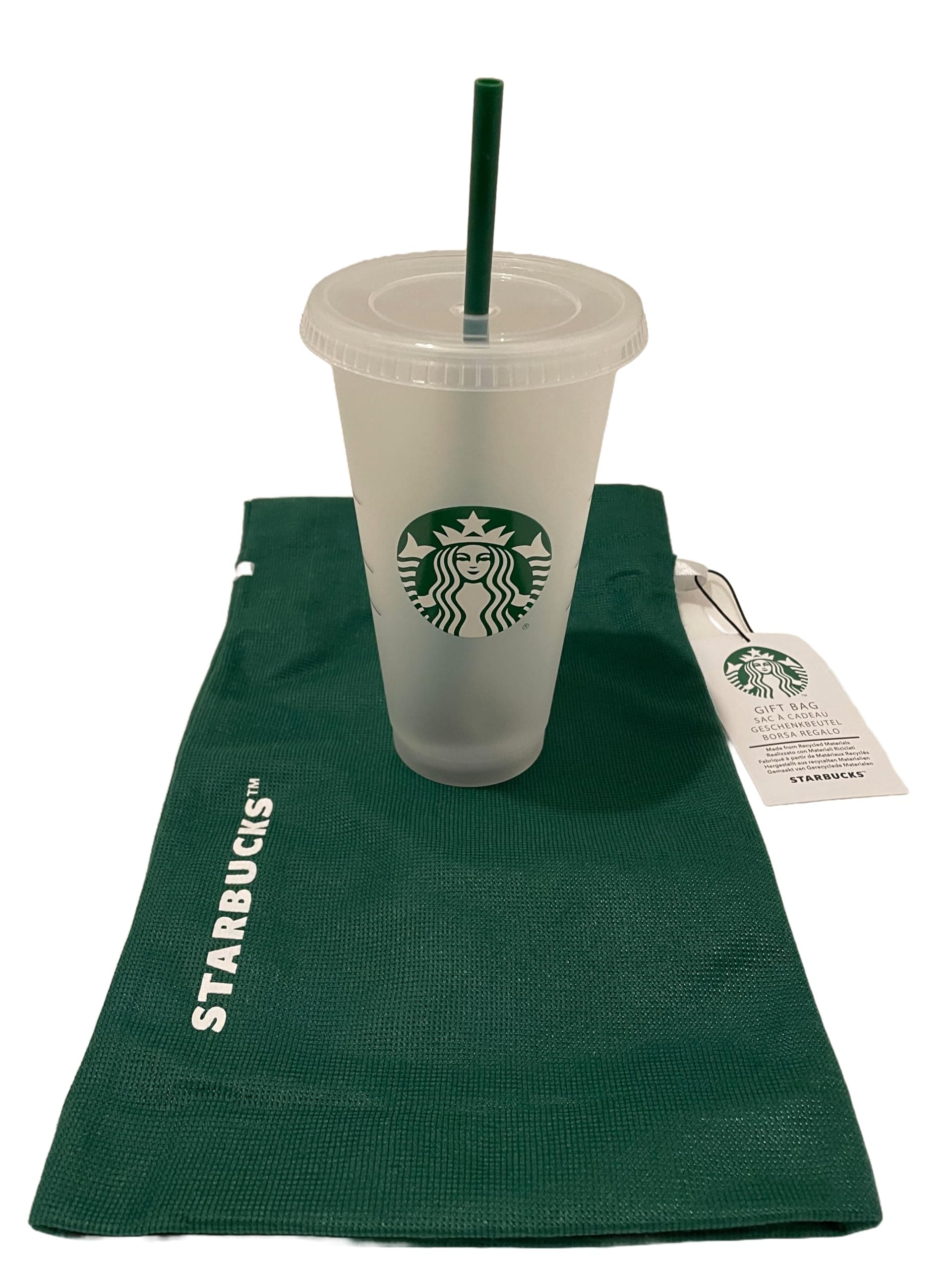 1 Pack Bundle - Gift Bag and Reusable Frosted 24 oz Cold Cup with Lid with Green Straw w/Stopper