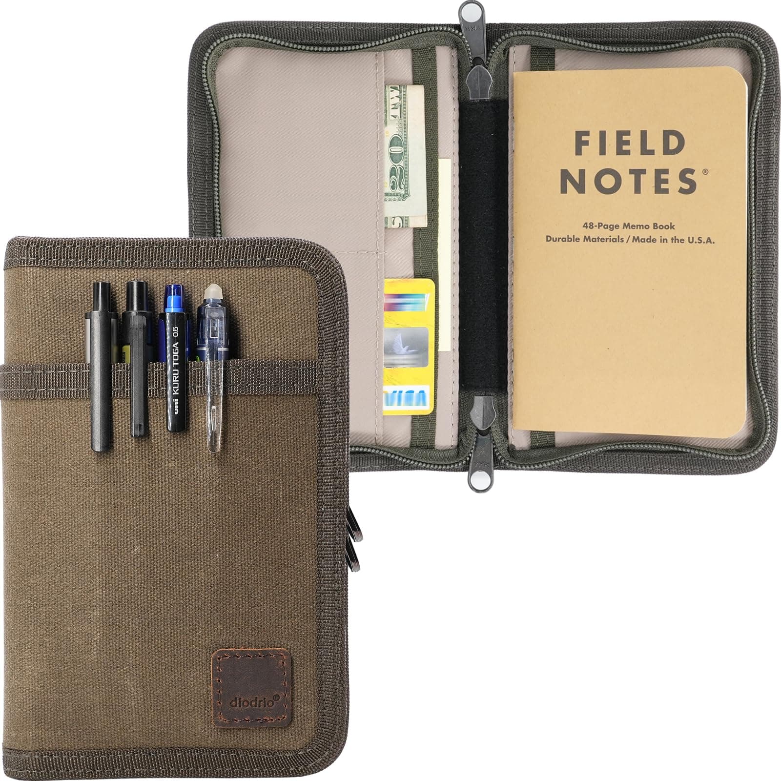 diodrio 3.5” x 5.5” Journal Cover for Field Notes Moleskine Cahier YKK Zipper, A Rugged Waxed Canvas Cover for Pocket Notebook Journal Sketchbook with Pen Holder, Water Resistant, Olive.