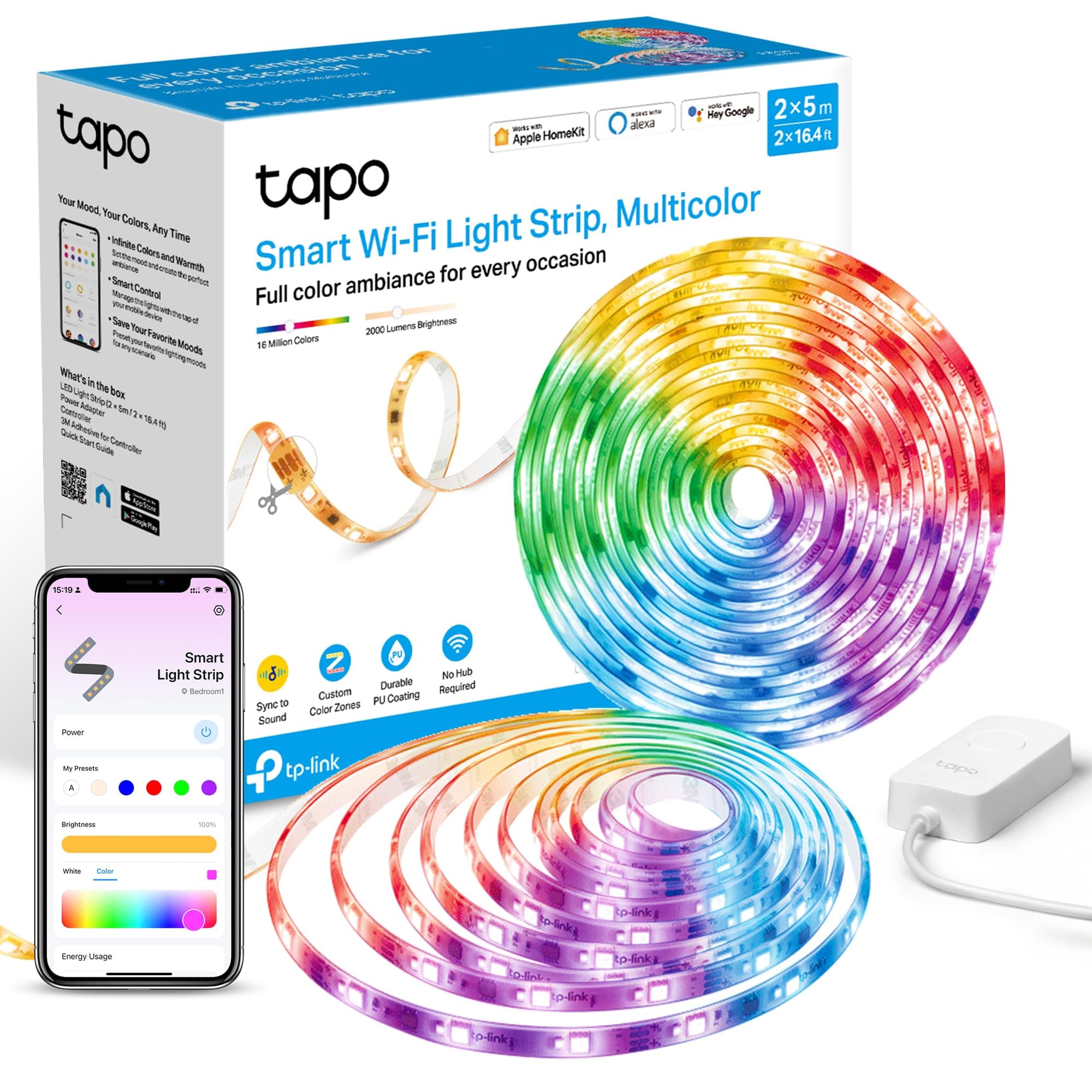 Tapo Smart LED Strip Light, 2x5m, Wi-Fi App Control RGBW Multicolour LED Light Strips, PU Coating, Works with Alexa & Apple HomeKit, Suitable for TV Kitchen DIY LED Lights for Bedroom L930-10