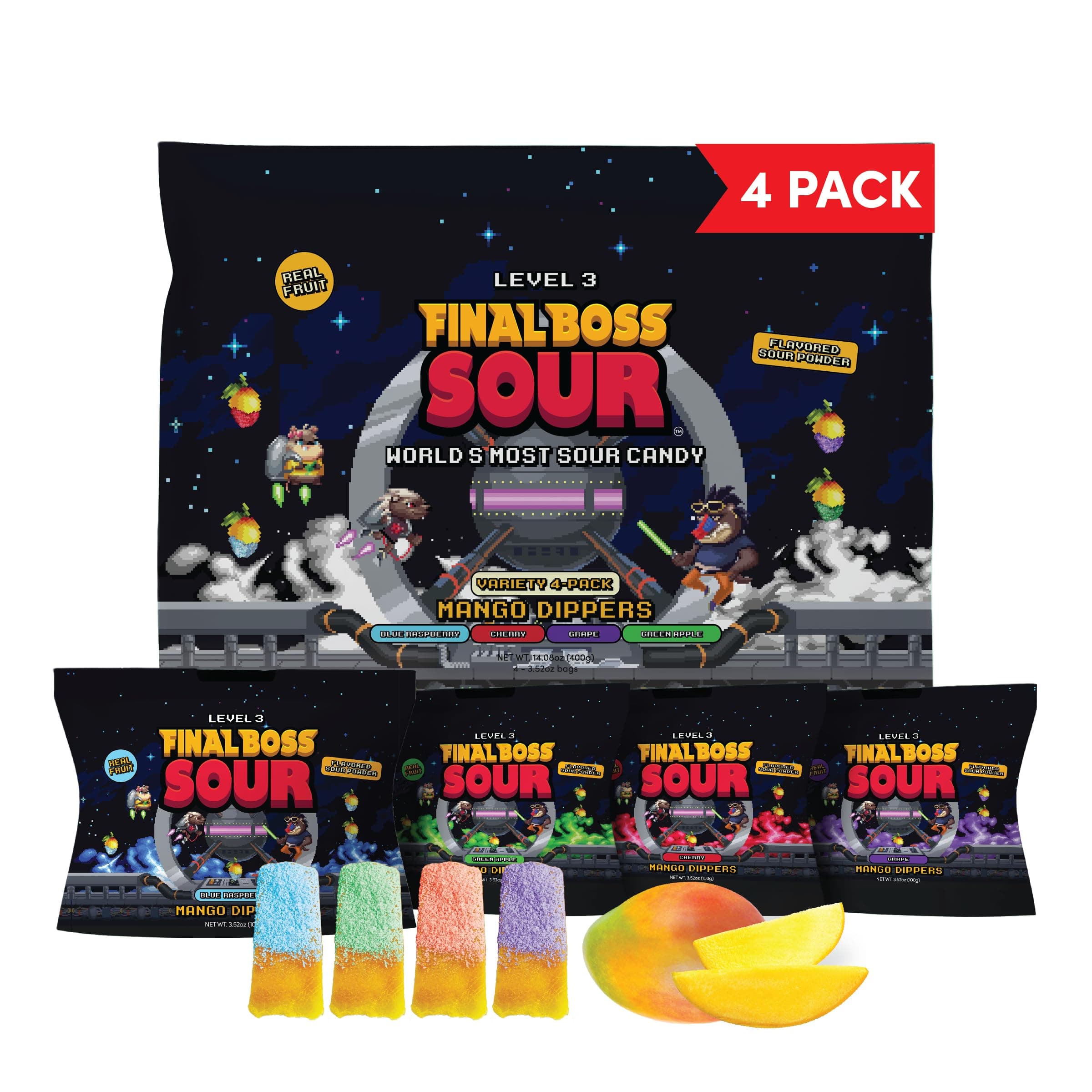 Final Boss Sour Fun Dip, Variety Pack, 4 Pack, Level 3, Extreme Super Sour Powder with Real Candy Tasting Dried Mangoes, All Natural 80s & 90s Party Sour Candy for Kids, Teens & Adults