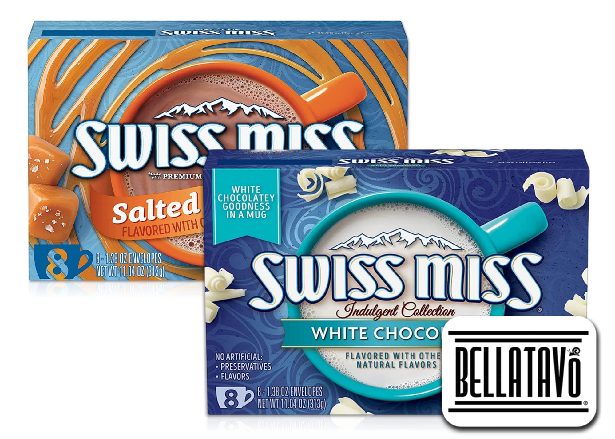 Flavored Hot Cocoa Mix Bundle Includes 2-11.04 Oz Box of Swiss Miss Hot Chocolate. 1 Box Each: Swiss Miss White Chocolate, Swiss Miss Salted Caramel Hot Chocolate Comes With a BELLATAVO Fridge Magnet!