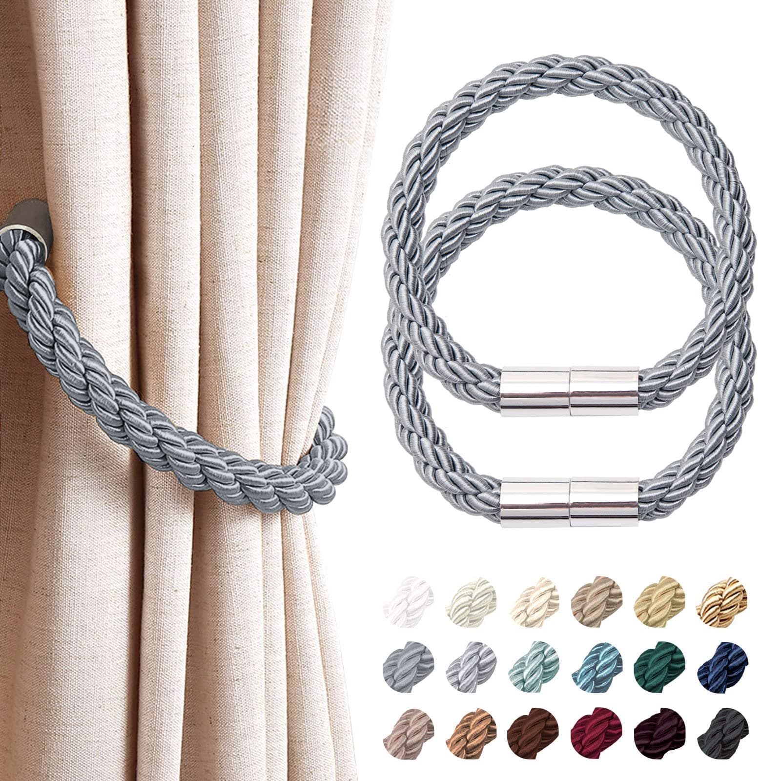 NICEEC 2 Pack Strong Magnetic Curtain Tiebacks Modern Simple Style Drape Tie Backs Convenient Decorative Weave Rope Curtain Holdbacks for Thin or Thick Home & Office Window Draperies (Dark Grey)