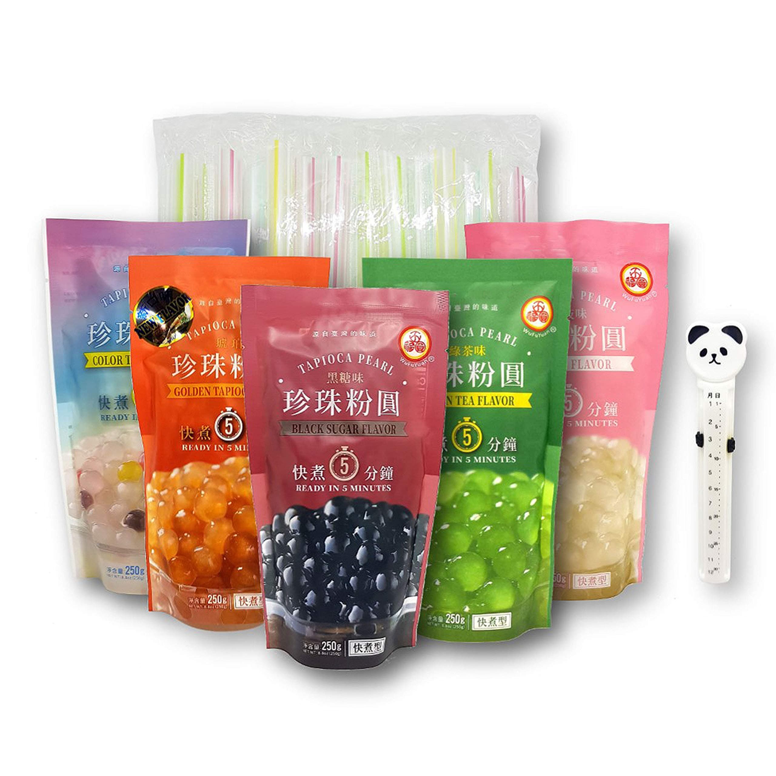 5-Pack WuFuYuan Boba Tapioca Pearls 5 Varieties Bundle with 1 Pack of 50 Boba Wide Straws Individually Wrapped and 1 Calendar Storage Bag Clip