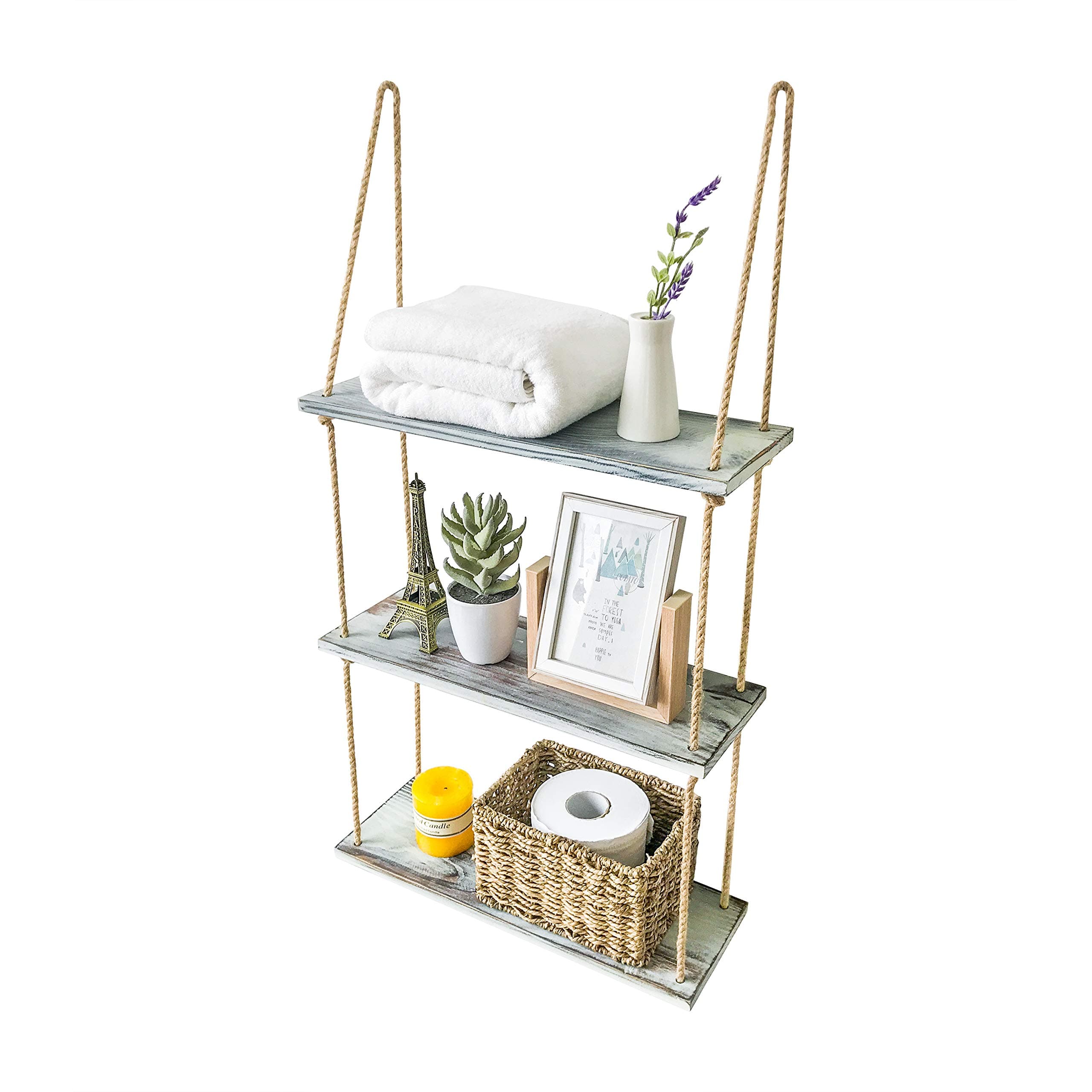 Rustic Floating Shelves Wall Mounted, Hanging Shelves for Wall, Wall Shelves for Bedroom Living Room Kitchen, Bathroom Shelves Over The Toilet Storage, 3 Tier Shelf (Rustic White)