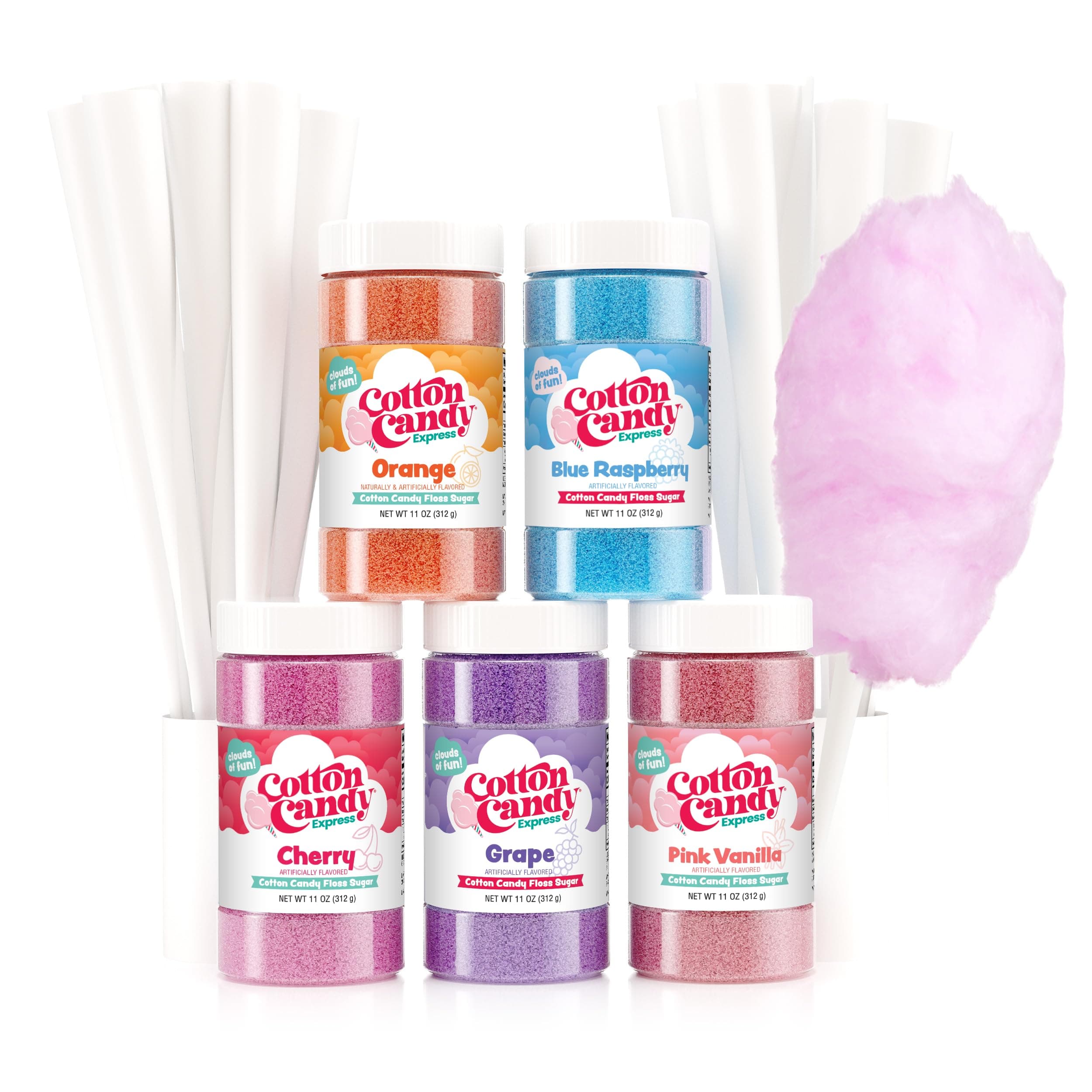 Cotton Candy Express Floss Sugar Variety Pack with 5 - 11oz Plastic Jars of Grape, Orange, Pink Vanilla, Blue Raspberry, Cherry Flossing Sugars Plus 50 Paper Cotton Candy Cones