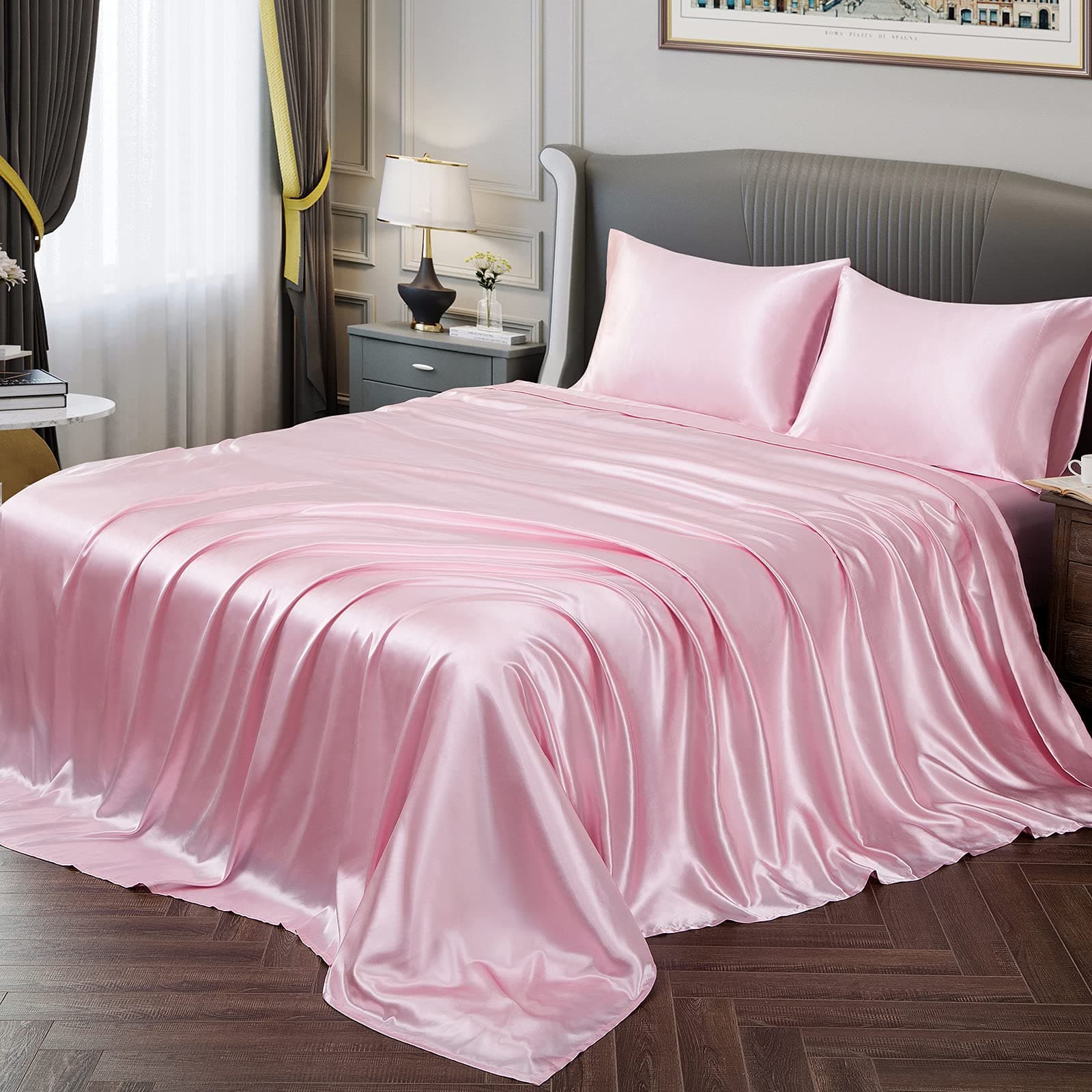 Vonty Satin Sheets - Full Size Soft Pink Satin Sheet Set, 1 Deep Pocket Fitted + 1 Flat + 2 Pillowcases