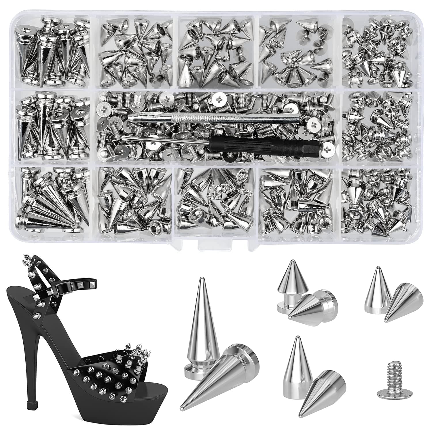 360 Pcs Punk Spikes and Studs Kit, Multiple Size Cone Spikes for Clothes, Punk Rock Style Studs and Spikes for DIY Leathercraft Decoration, Suitable for Clothing, Dog Collars, Belts, Bags (15.53oz)