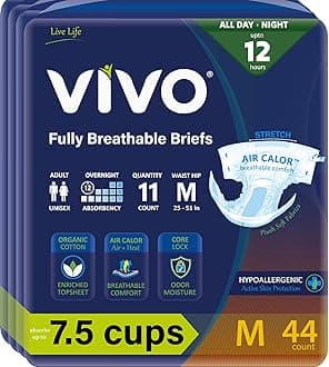 VIVO Organic Cotton Overnight Sensitive Skin Adult Incontinence Diaper Briefs with Tabs, Medium 44 Count