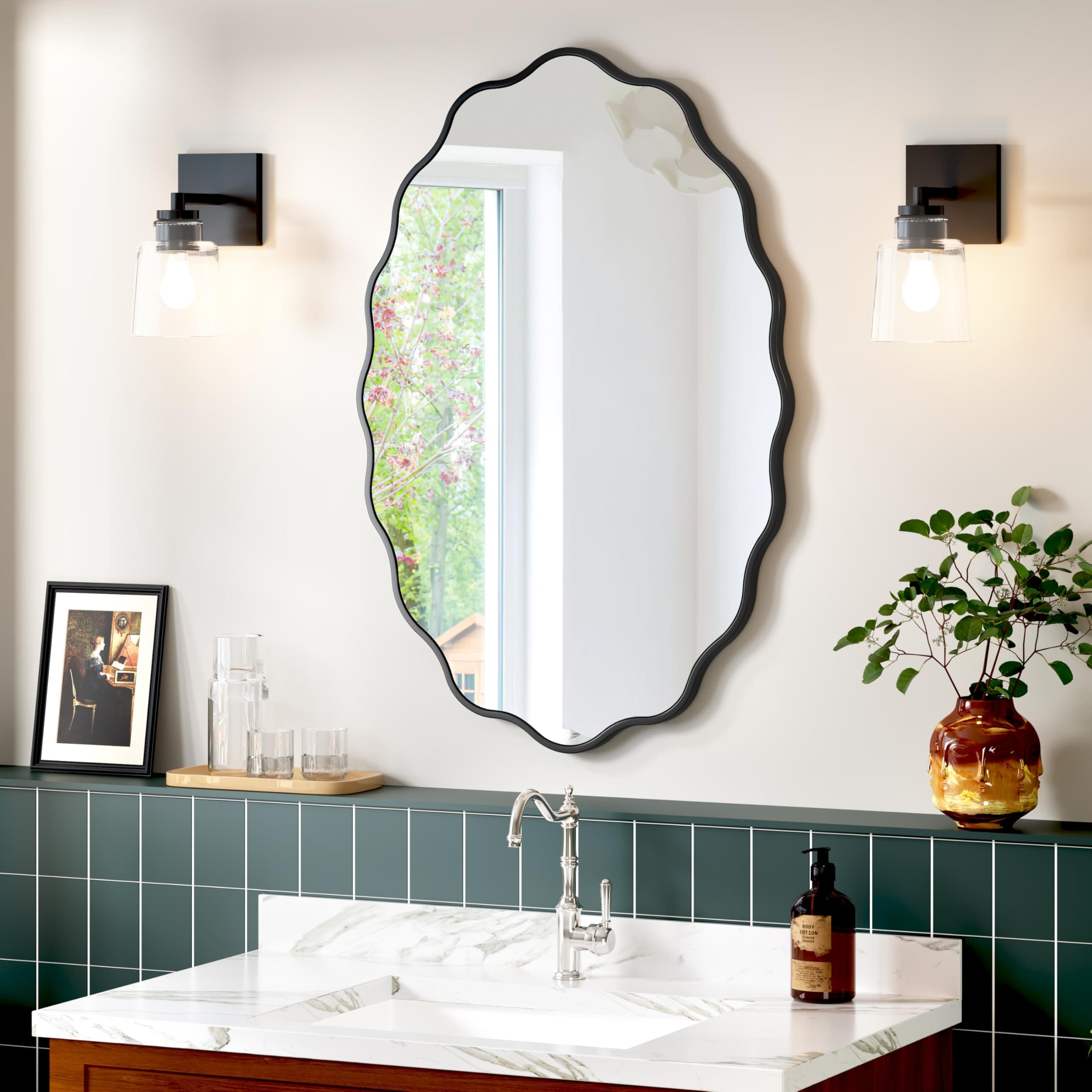 Black Oval Wavy Mirror 24×36 inch, Irregularly Shaped, Unique Vanity Mirror, Wall Mirror for Bathroom, Living Room, Bedroom, Entryway