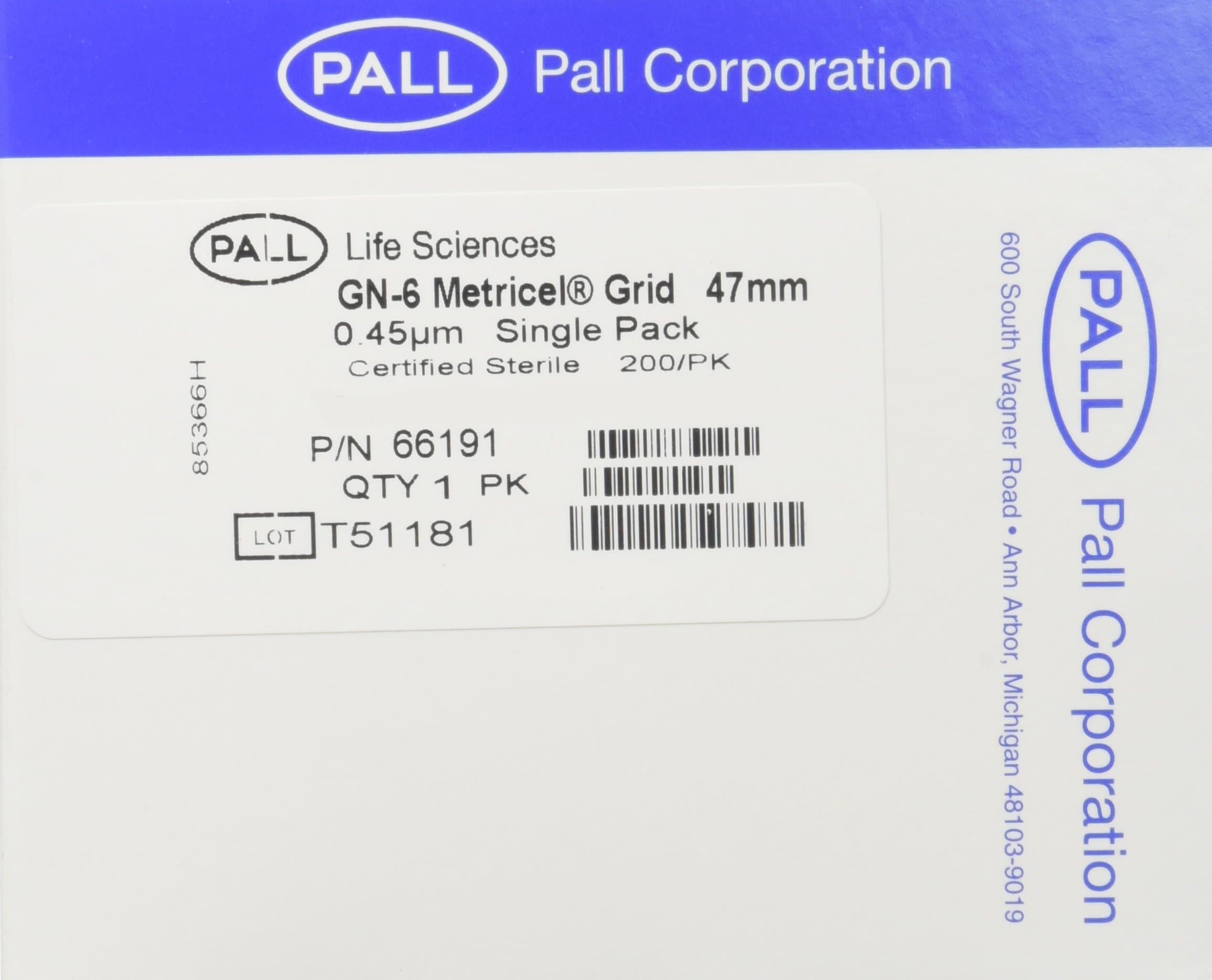 66191 Metricel GN-6 Membrane Filter, Grid Pattern, 0.45µm Pore Size, 47 mm Diameter