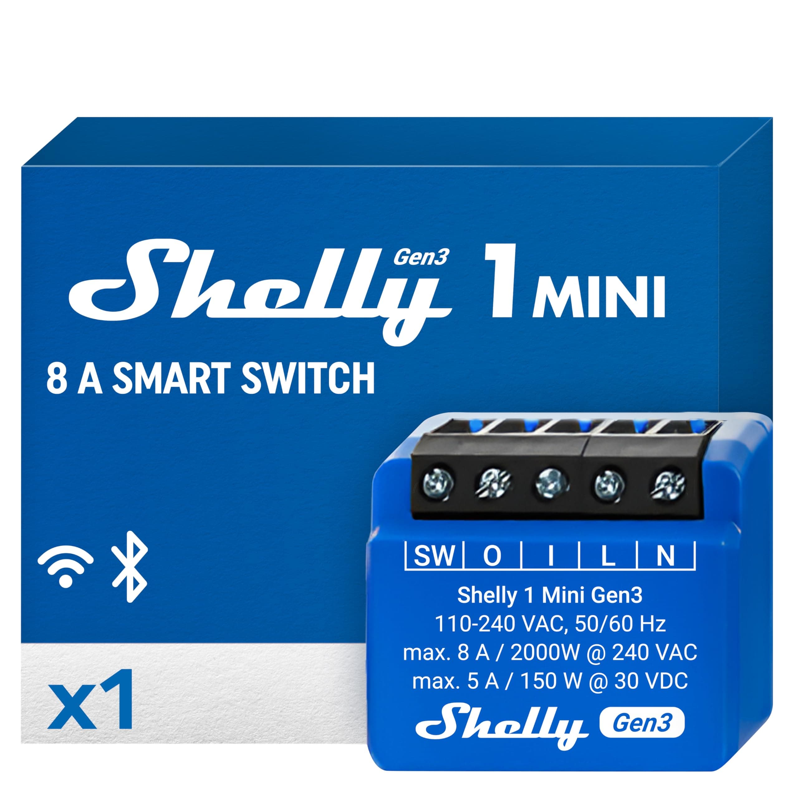 Shelly 1 Mini Gen 3 | WiFi & Bluetooth Smart Switch Relay 1 Channel 8A | Home Automation | Compatible with Alexa and Google Home | iOS Android app | No Hub Required | Dry Contacts