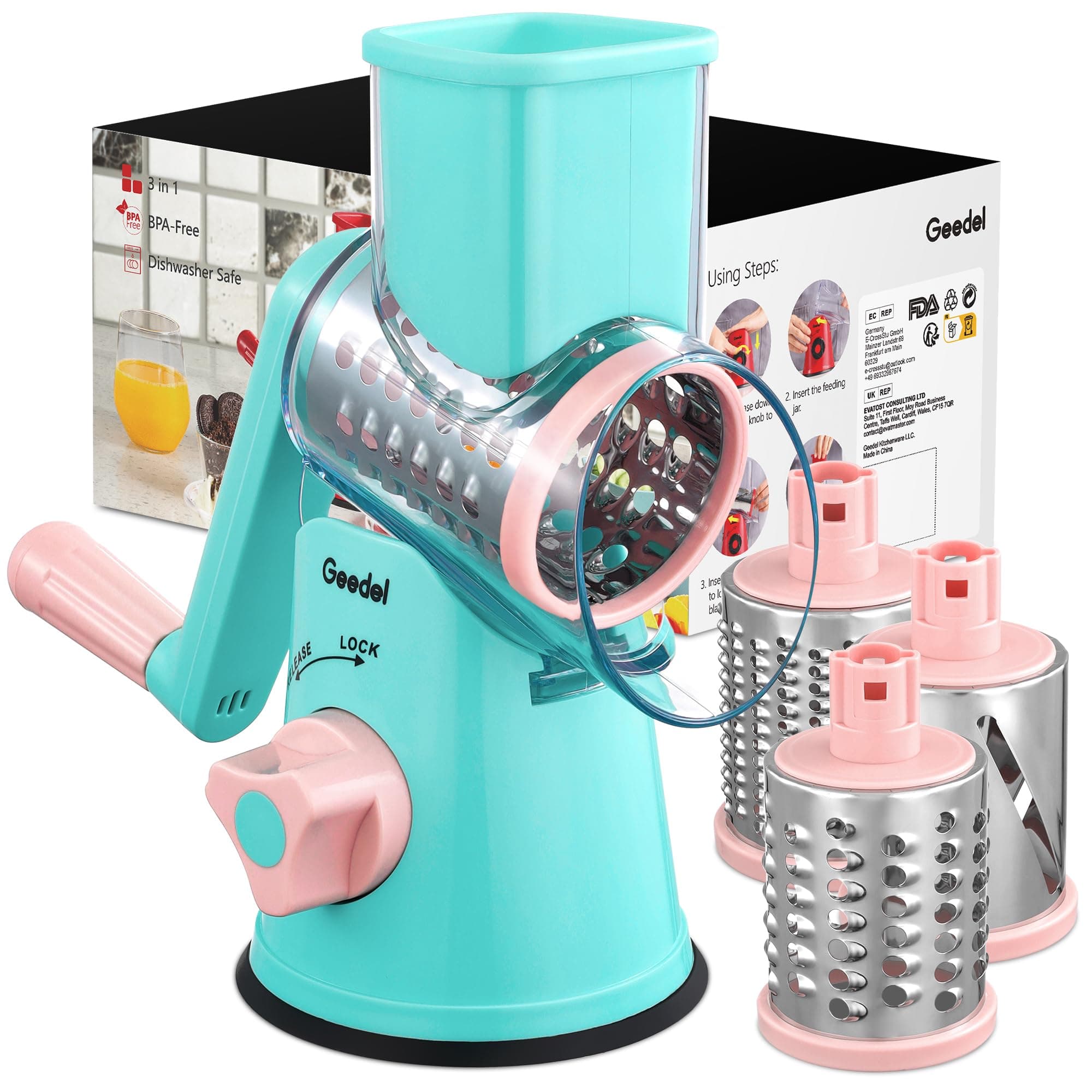 Rotary Cheese Grater, Kitchen Mandoline Vegetable Slicer with 3 Interchangeable Blades, Easy to Clean Rotary Grater Slicer for Fruit, Vegetables, Nuts