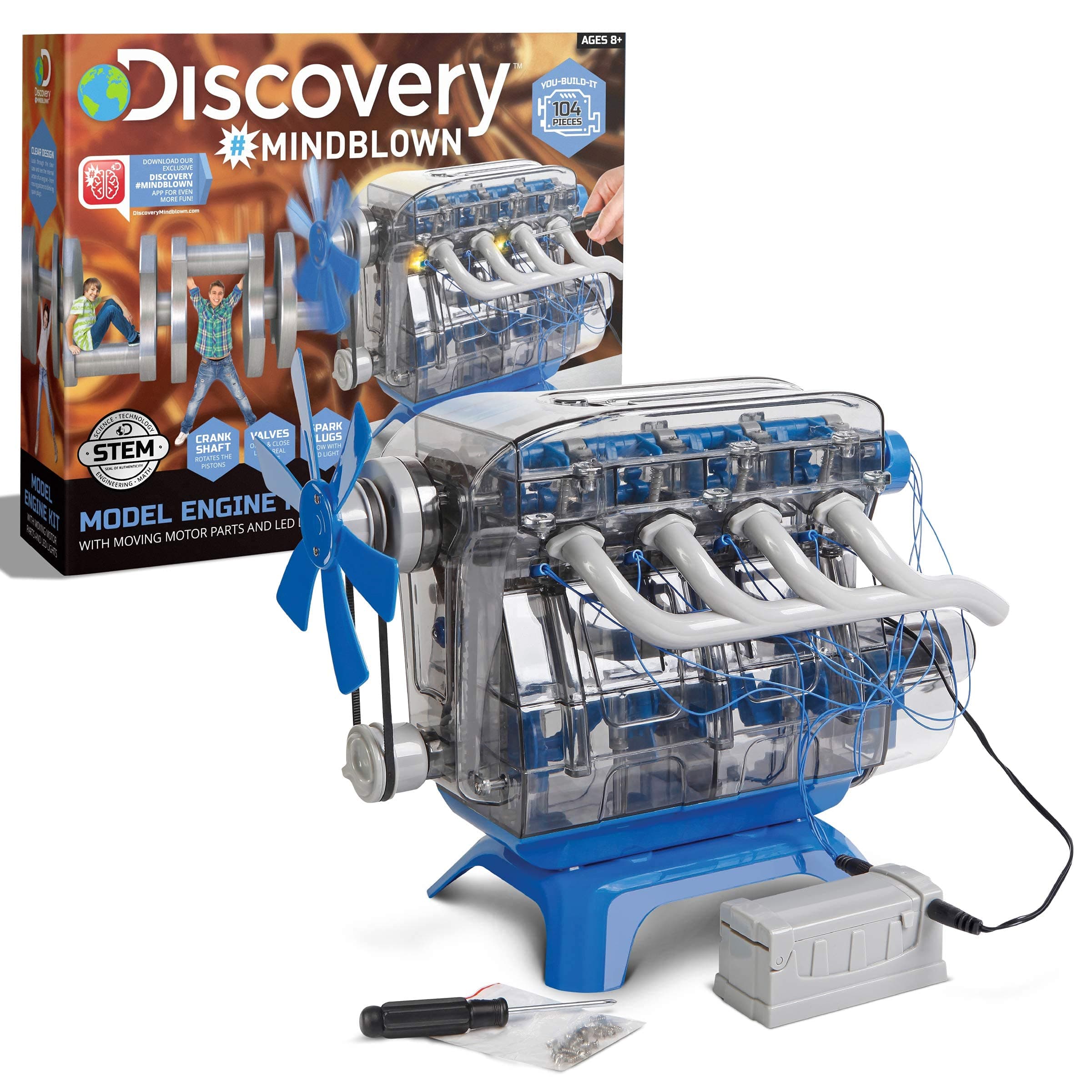 Discovery Model Engine Assembly Kit, DIY 4-Cylinder Combustion Engine, Working Piston Fan Valve Belt LED Light, STEM Mechanics Engineering Construction Experiment Set, Gift for Kids and Adults