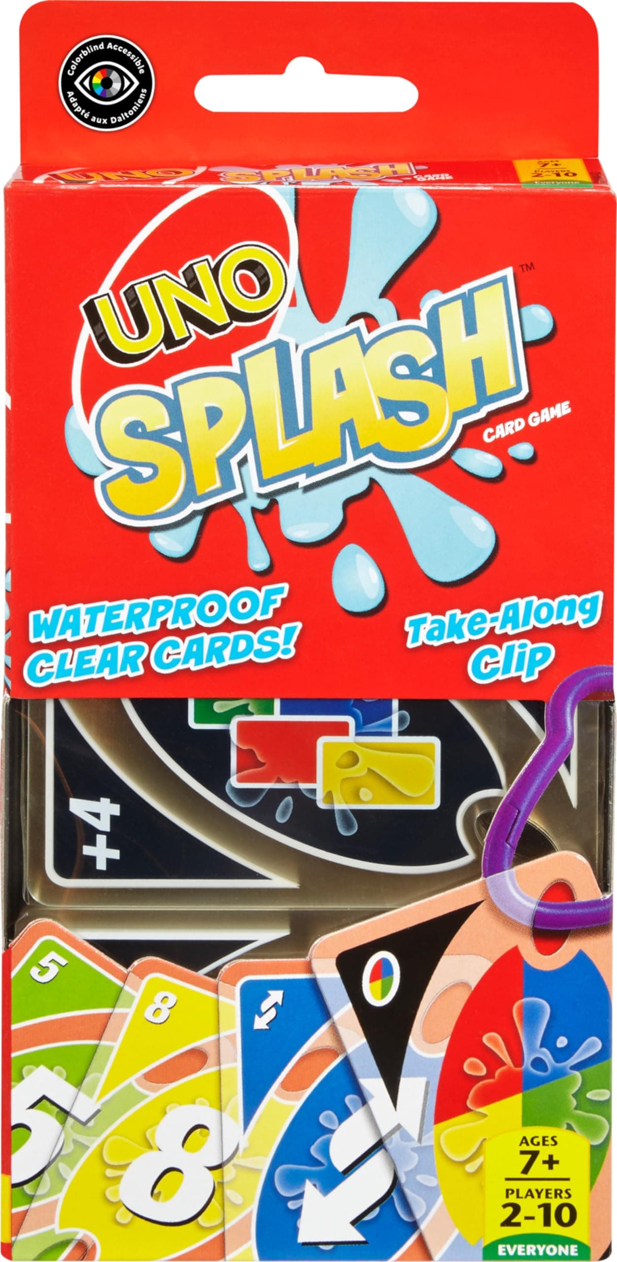 UNO Splash Card Game, 108 durable, waterproof plastic cards plus clip. Makes a Great Gift for Ages 7 and older