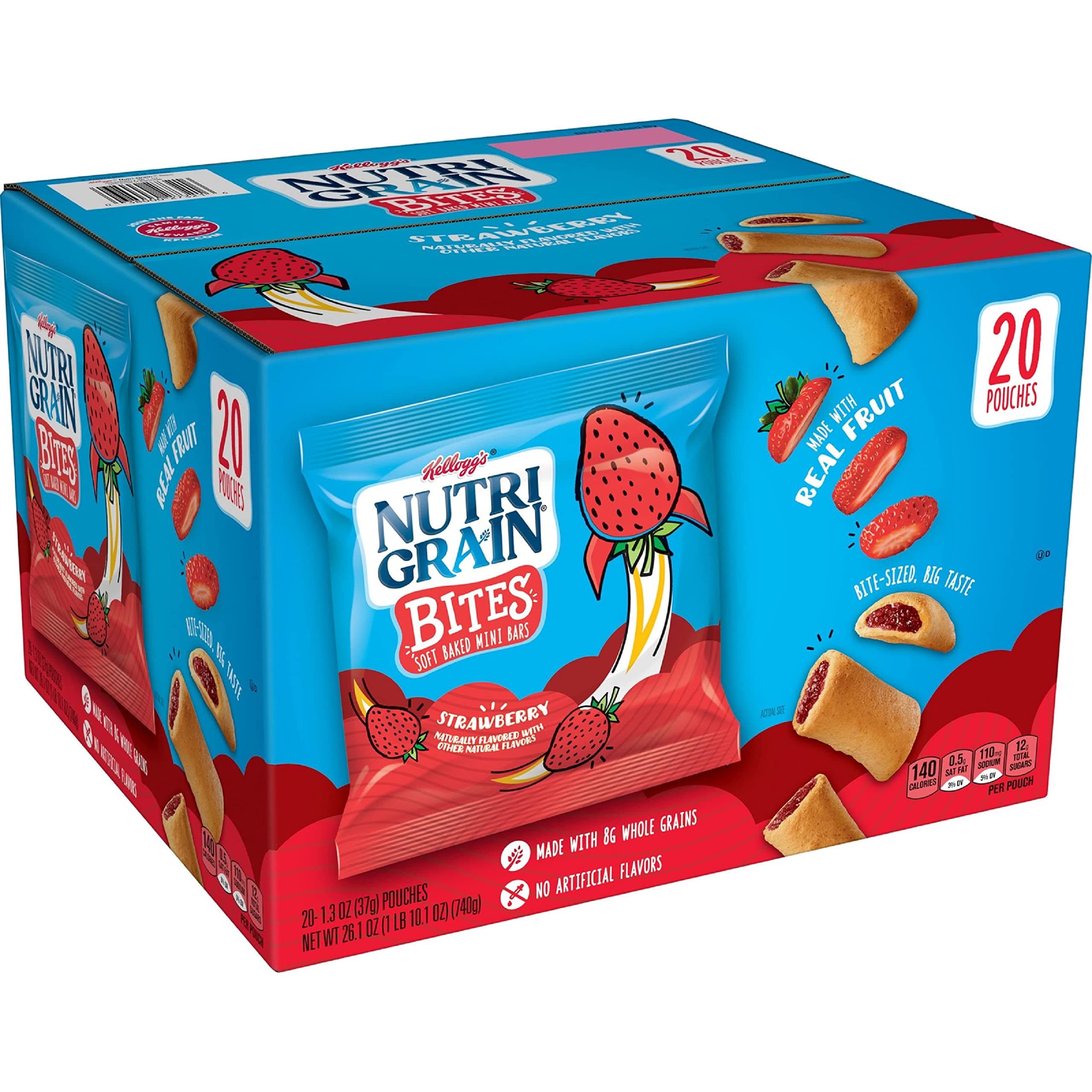 Nutri-Grain Bites Mini Breakfast Bars, Made with Whole Grains, Kids Lunch Snacks, Strawberry, 26.1oz Box (20 Pouches)