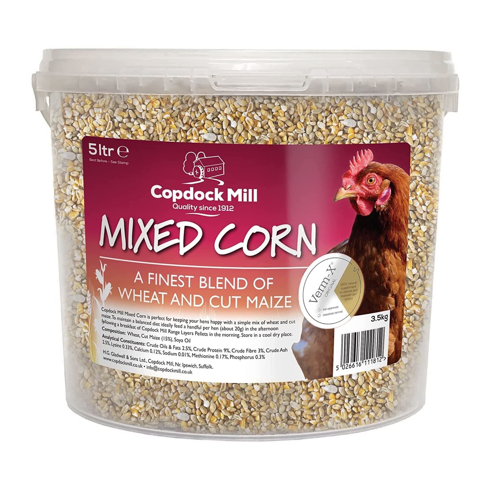 Copdock Mill Mixed Corn Poultry Feed with Verm-X 5ltr Tub﻿, Packaging May Vary