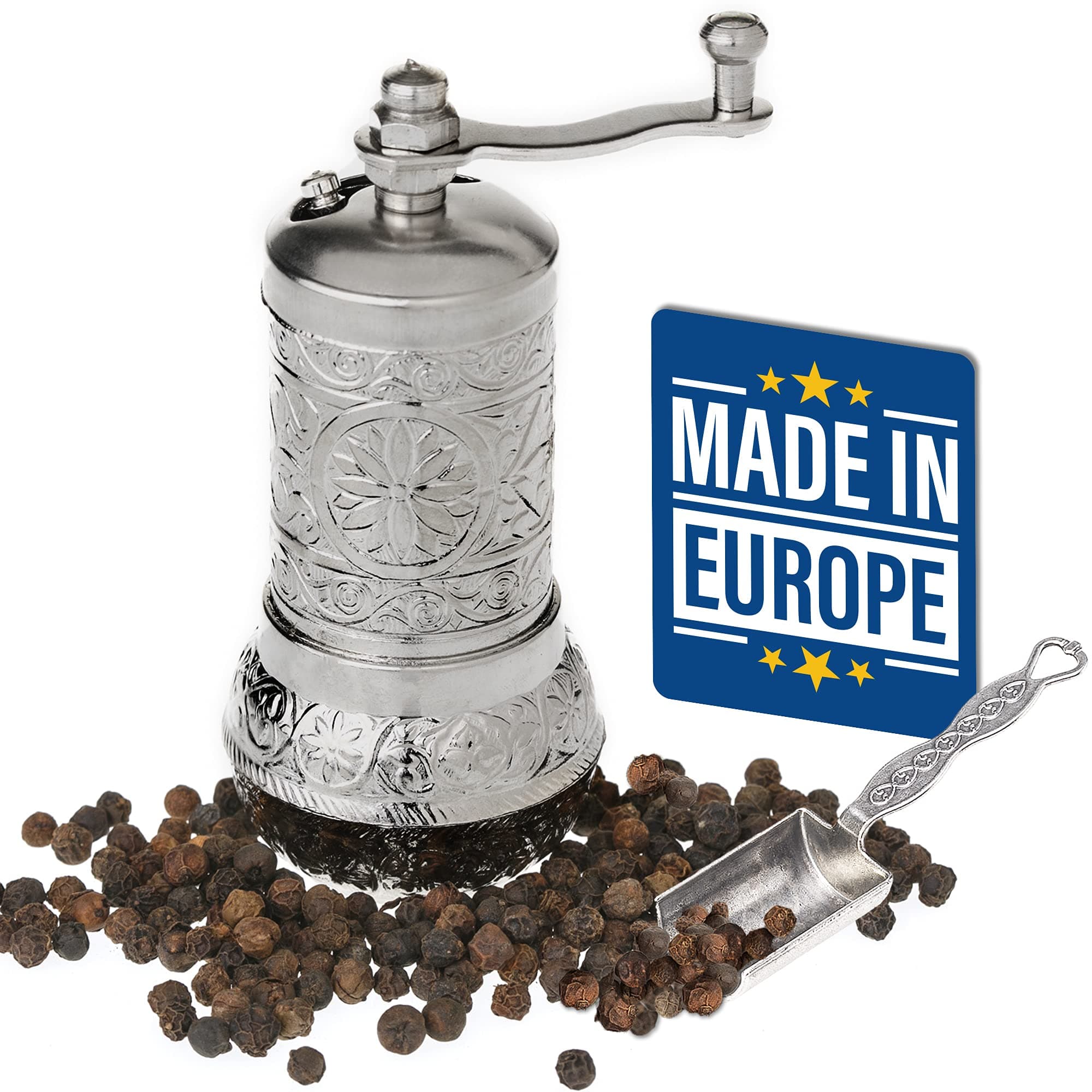 Decorative Black Pepper Grinder, Refillable Turkish Spice Mill with Adjustable Coarseness, Manual Pepper Mill with Handle, Spice Grinder Metal with Hand Crank, Bright Silver