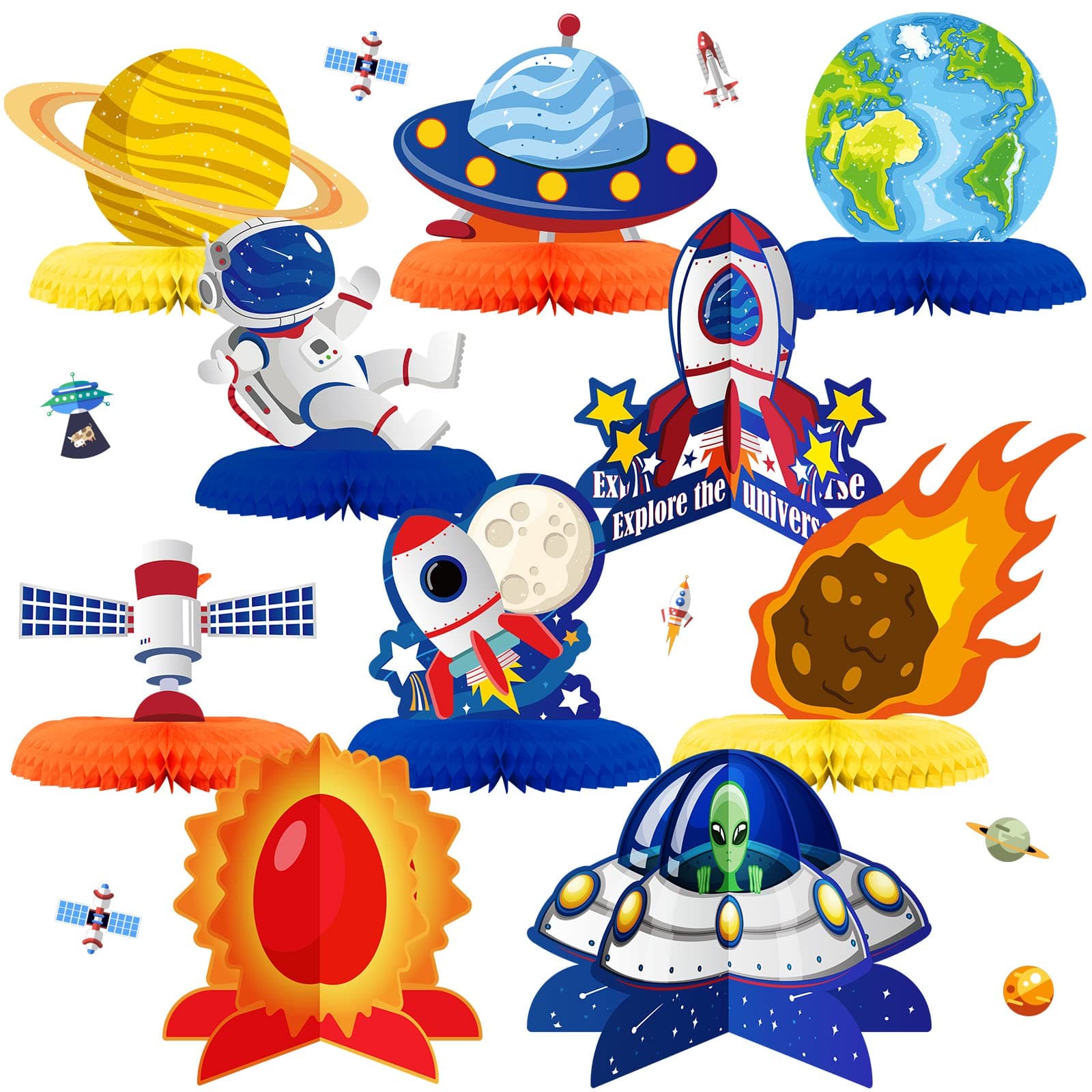 10 Pieces Outer Space Honeycomb Centerpiece and Outer Space Cutout Centerpiece Astronaut Rocket UFO Planet Table Topper Space Party Table Decoration for Space Theme Birthday Baby Shower Supplies