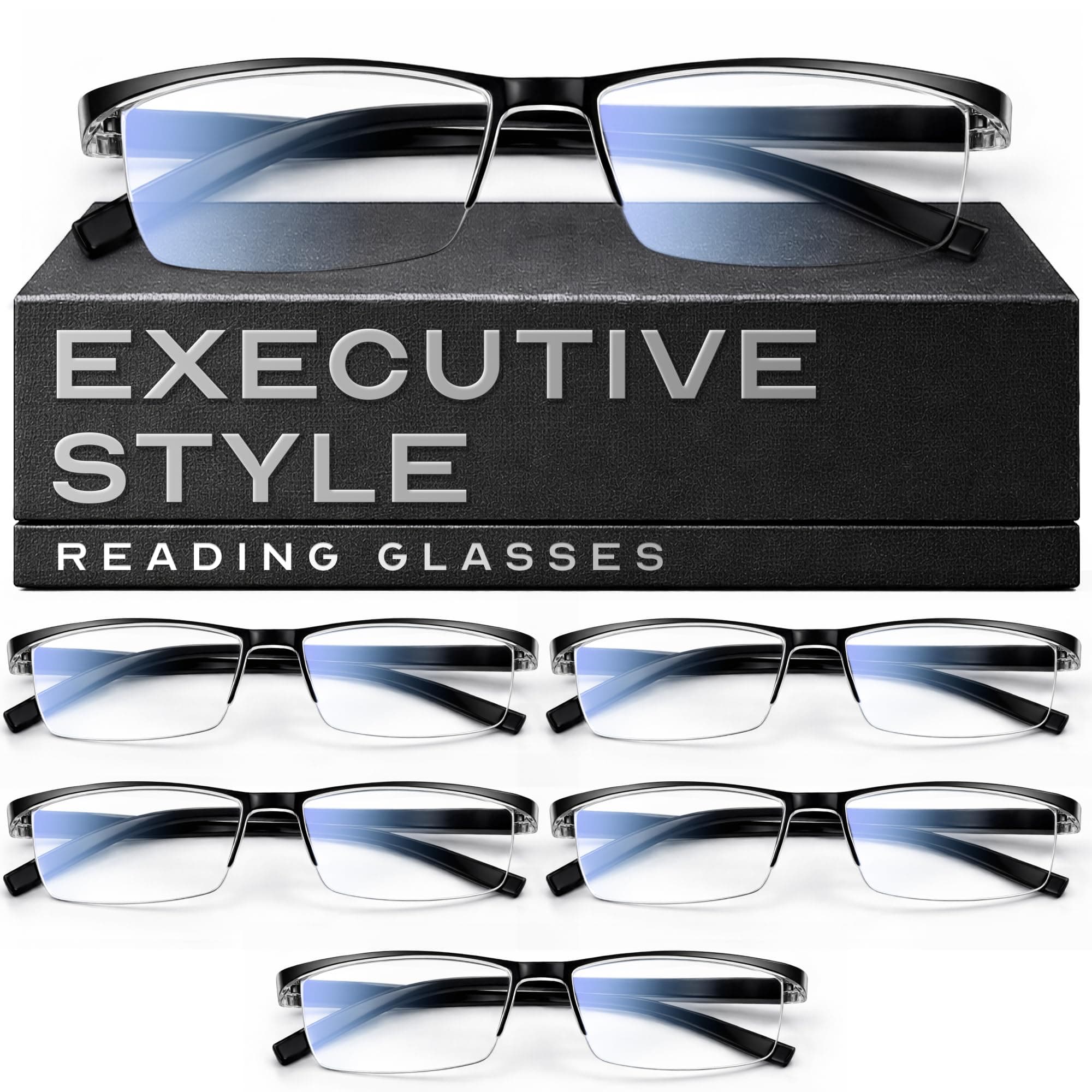 6 Pack 1.25 Executive Style Reading Glasses Men - Durable Readers with Blue Light Filtering- Comfortable Fit with TR90 Frames