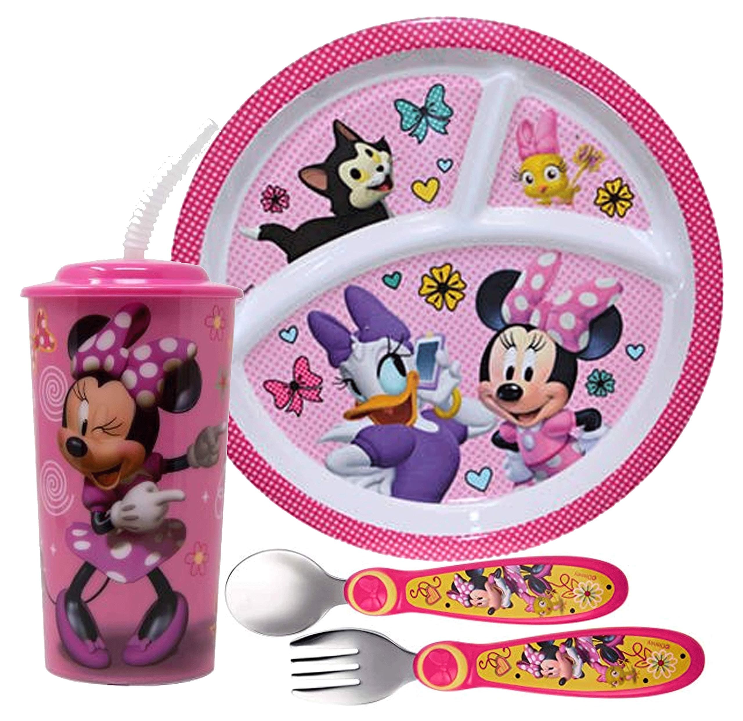 Girl's Minnie Mouse Dinnerware Set! Includes Sectioned Plate, Fork, Spoon & Tumbler Cup! BPA Free, 4pc Set!
