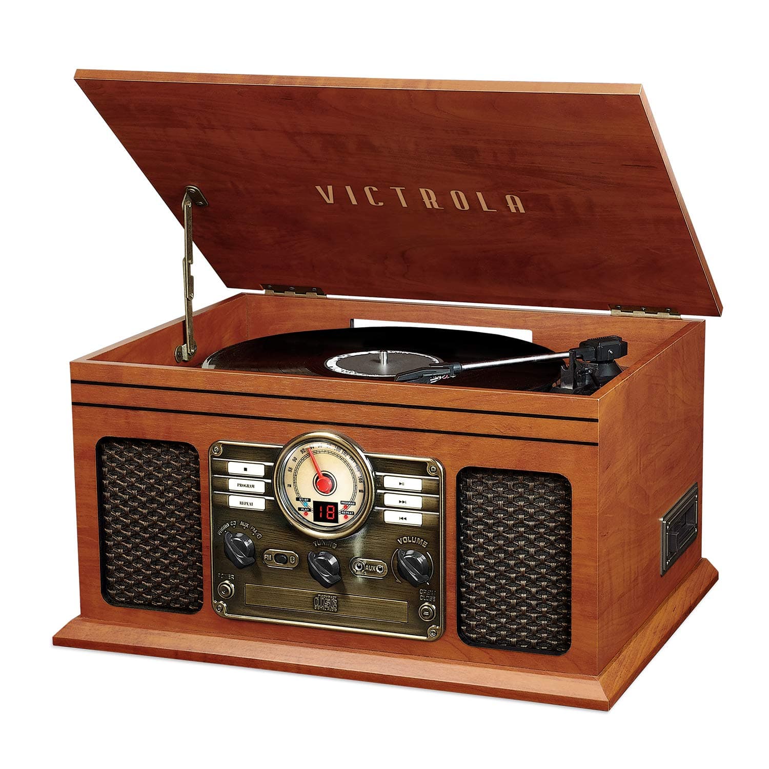 Victrola Ashford – 3-Speed Belt Driven Bluetooth Record Player with CD, Cassette, FM Radio, Aux-In & Built-In Stereo Speakers (Mahogany)