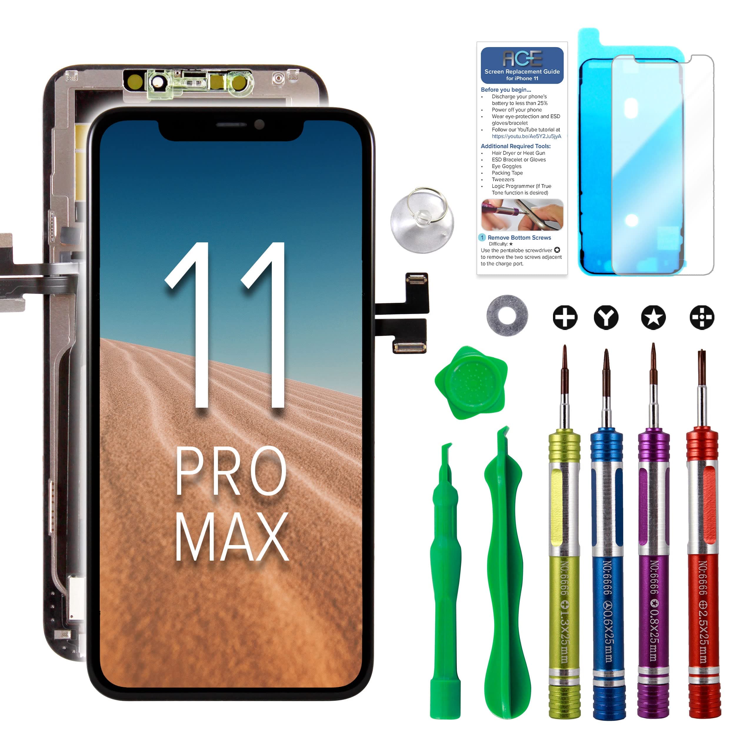 LCD Screen Replacement Compatible with iPhone 11 Pro Max 6.5 inch (Model A2161, A2220, A2218) 3D Touch Screen Display Digitizer Frame Assembly Repair Kit with Repair Tools