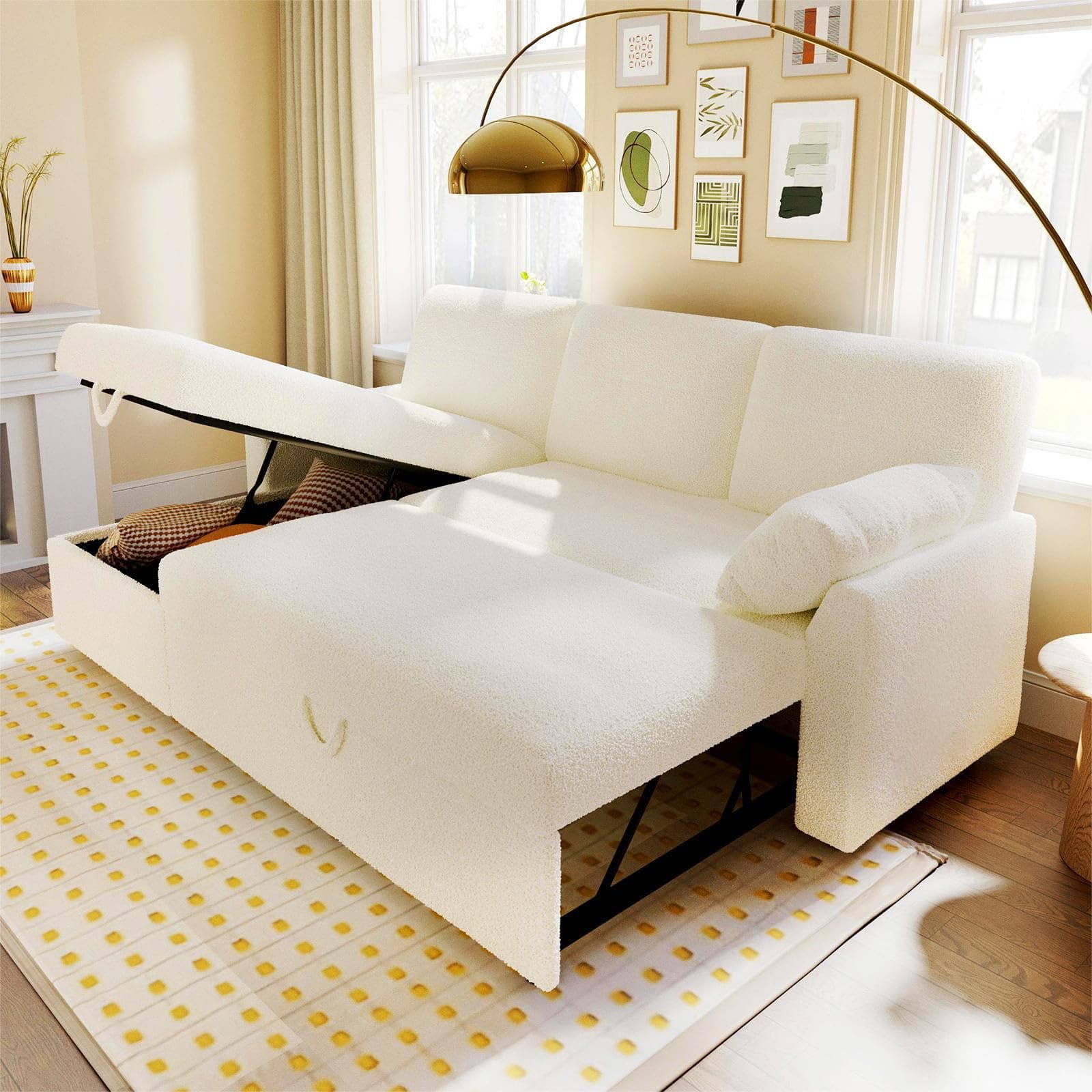 Sofa Bed, Sleeper Sofa with Storage Chaise, L Shaped Sofa with Pull Out Bed, Oversized Sofas for Living Room-White Boucle
