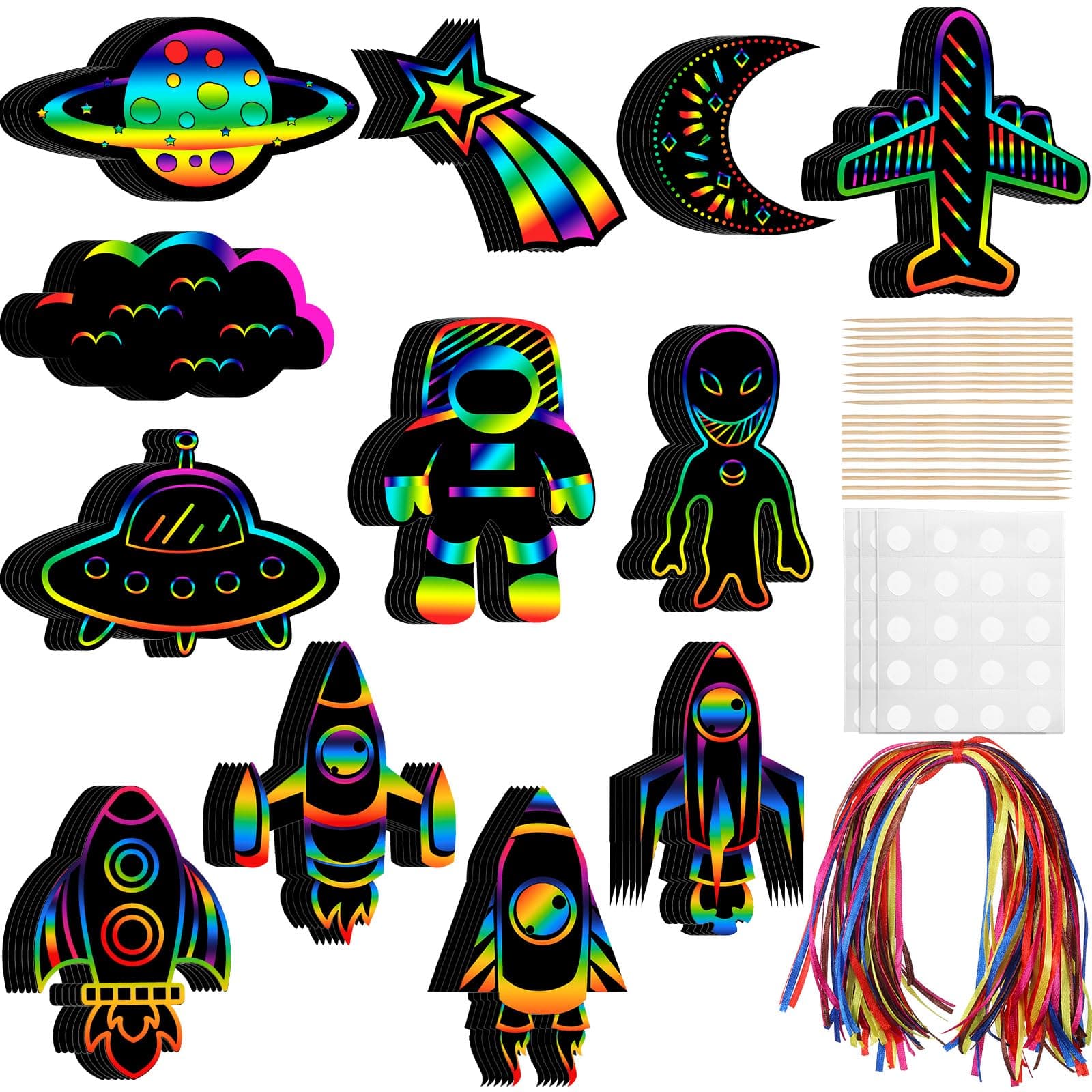 72 Pcs Outer Space Scratch Cards for Kids Space Party Favors Paper Rainbow Rocket Scratch Card with Wooden Stick and Ribbon for DIY Project Home Classroom Ornament Supplies