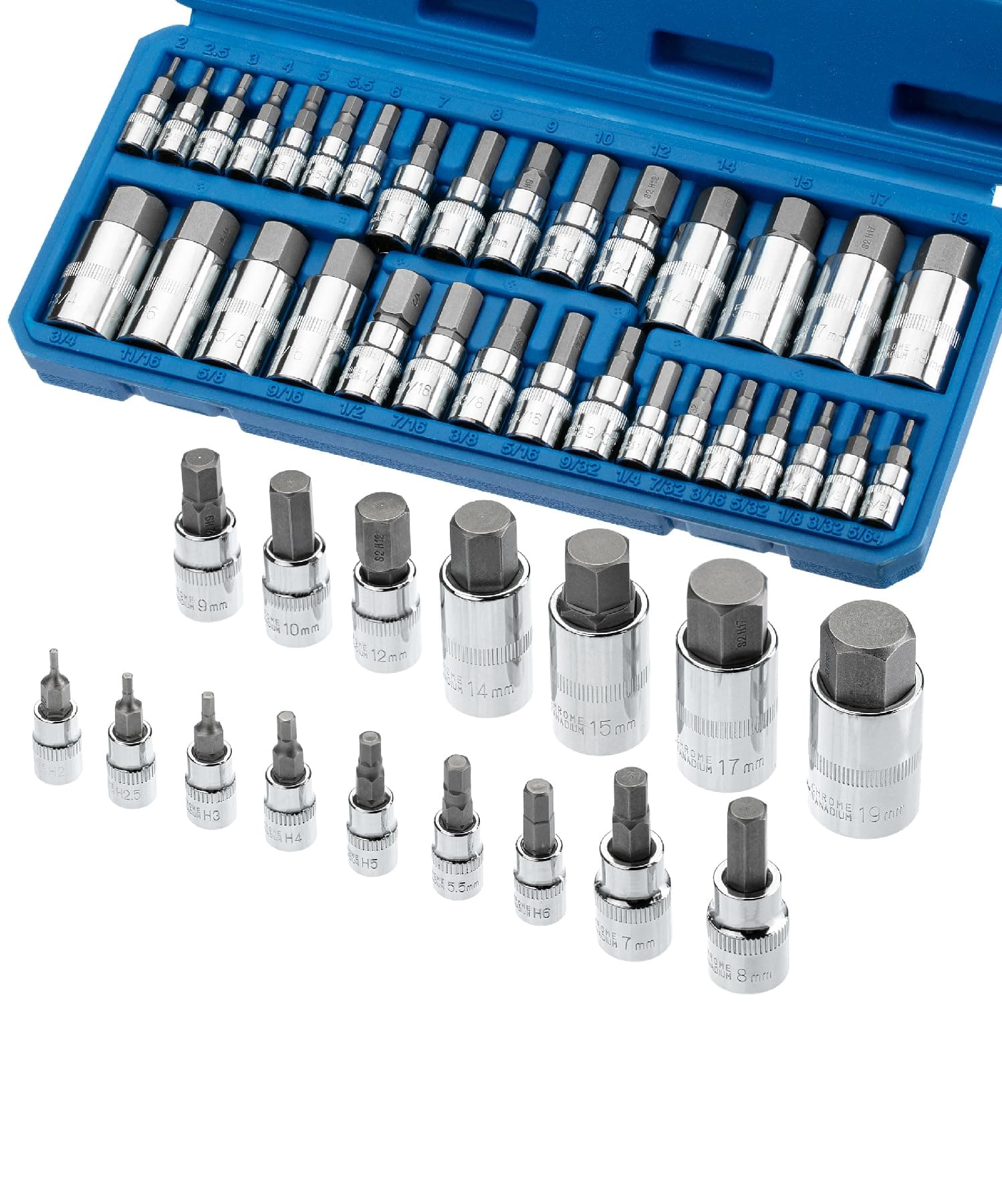 Bates Hex Bit Socket Set - 32 Piece, 1/4", 3/8", & 1/2" Drive, Allen & Metric Socket Set with Case
