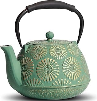 Cast Iron Teapot, 40oz Tea Kettle with Infuser for Stove Top, Sakura Design Japanese Tea Pot for Loose Leaf Coated with Enameled Interior, Silicone Handle 1200ml Green