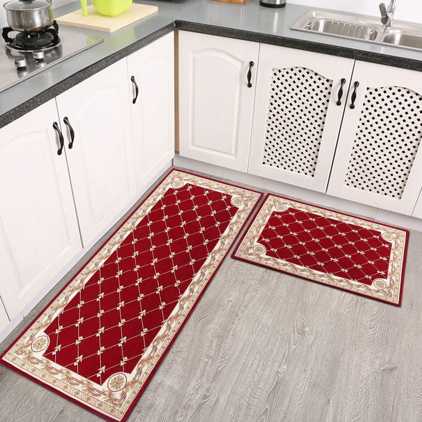 HiiARug Kitchen Mat Set Decorative Non-Slip Red Kitchen Rugs Set Bathroom Mats Set Floor Mats Set Shower Rugs for Living Room (18"x28"+18"x48", Red 2in1)