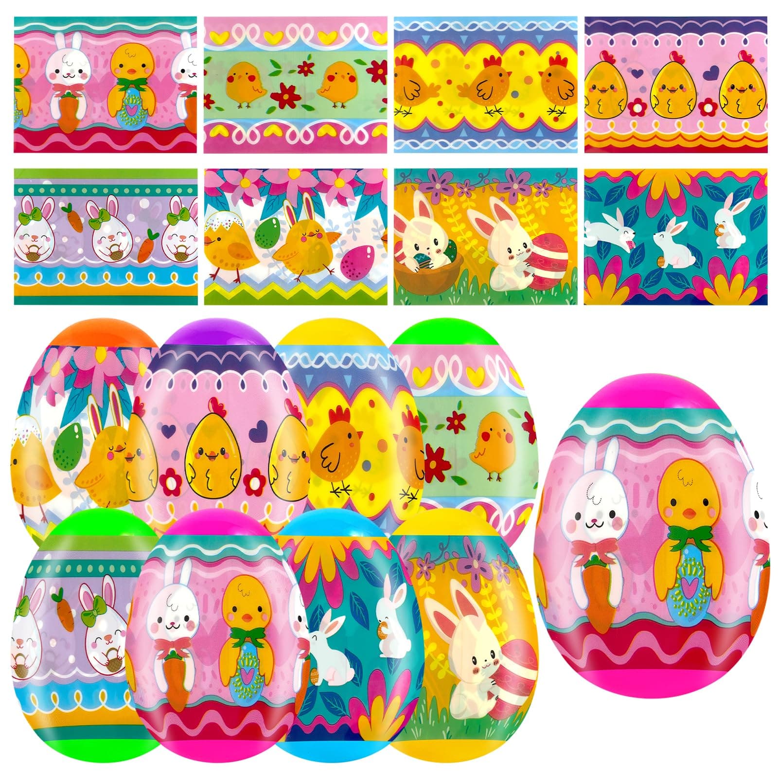 Wittocs 36 Pcs Easter Egg Wrapper Luminous Film Shrink Wraps for 2.4in Easter Egg Arounds Cute Chicken Bunny Sleeves Decorations
