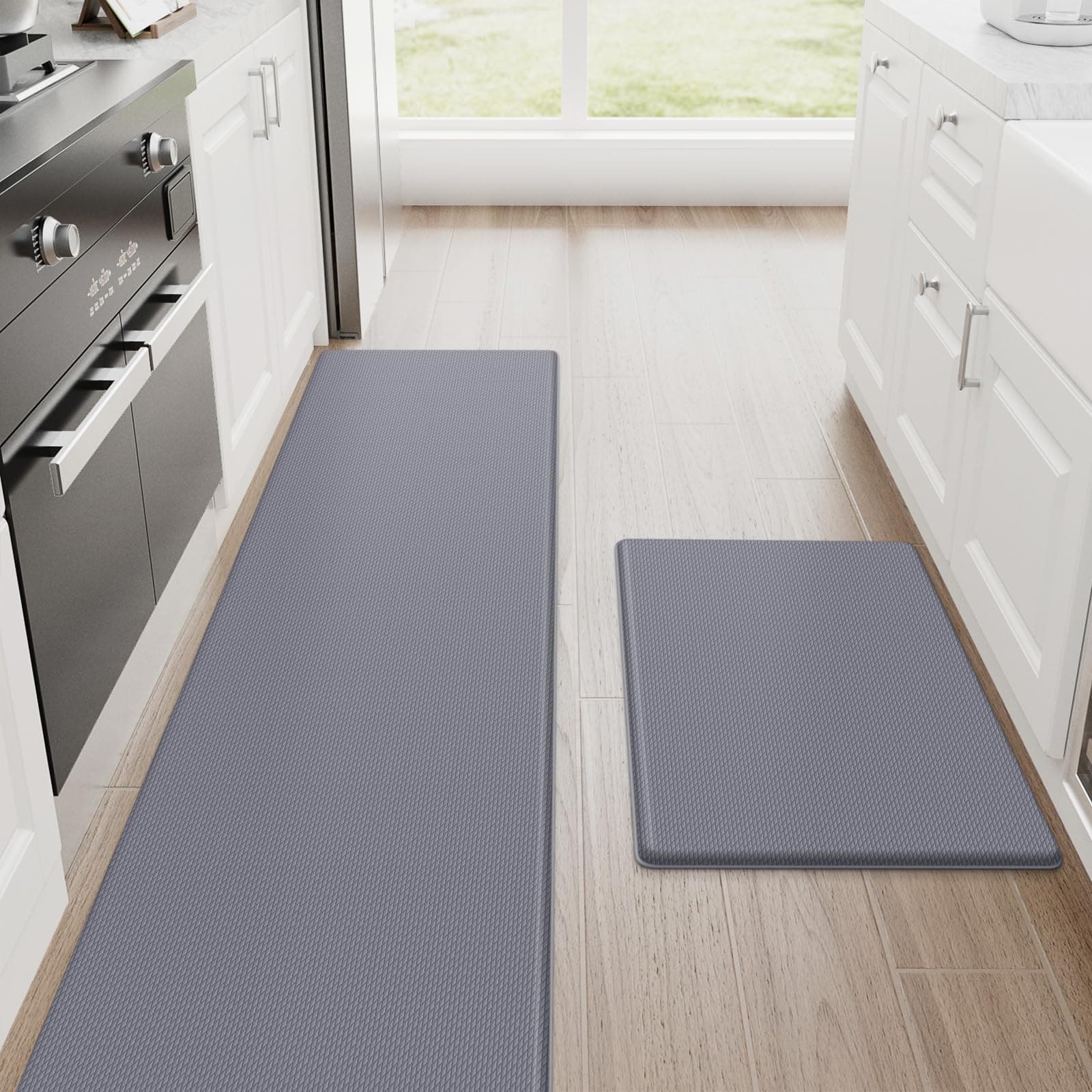 Kitchen Mats, 2PCS Kitchen Rugs, 17.3"×30"+17.3"×70" Cushioned Anti Fatigue Floor Mat, Non-Slip Standing Desk Mat, Waterproof Kitchen Rug Set for Home, Office,Grey